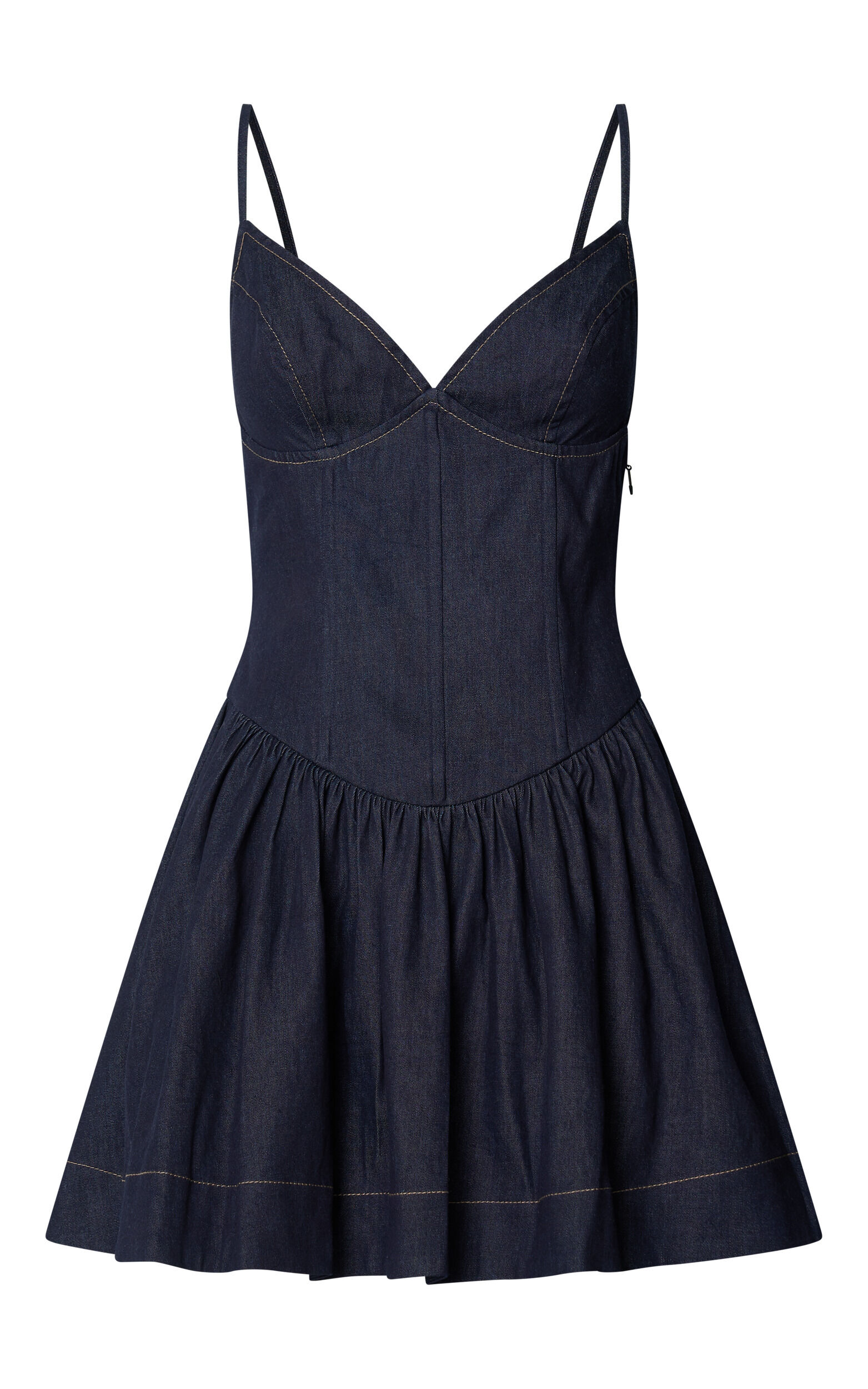 Betchie Mini Dress - V - Neck Strappy Drop Waist Gathered Skirt Denim Dress in Dark Raw Denim