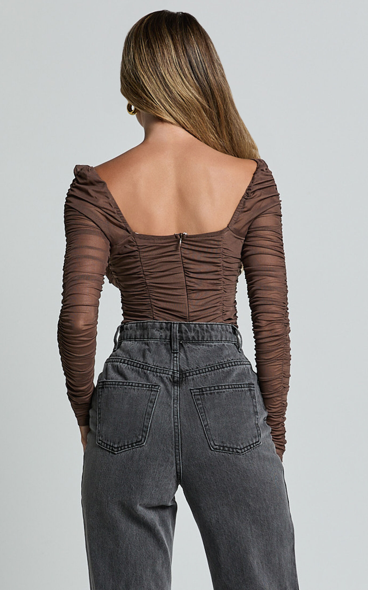 Casen Bodysuit - Long Sleeve Ruched Mesh Bodysuit in Chocolate