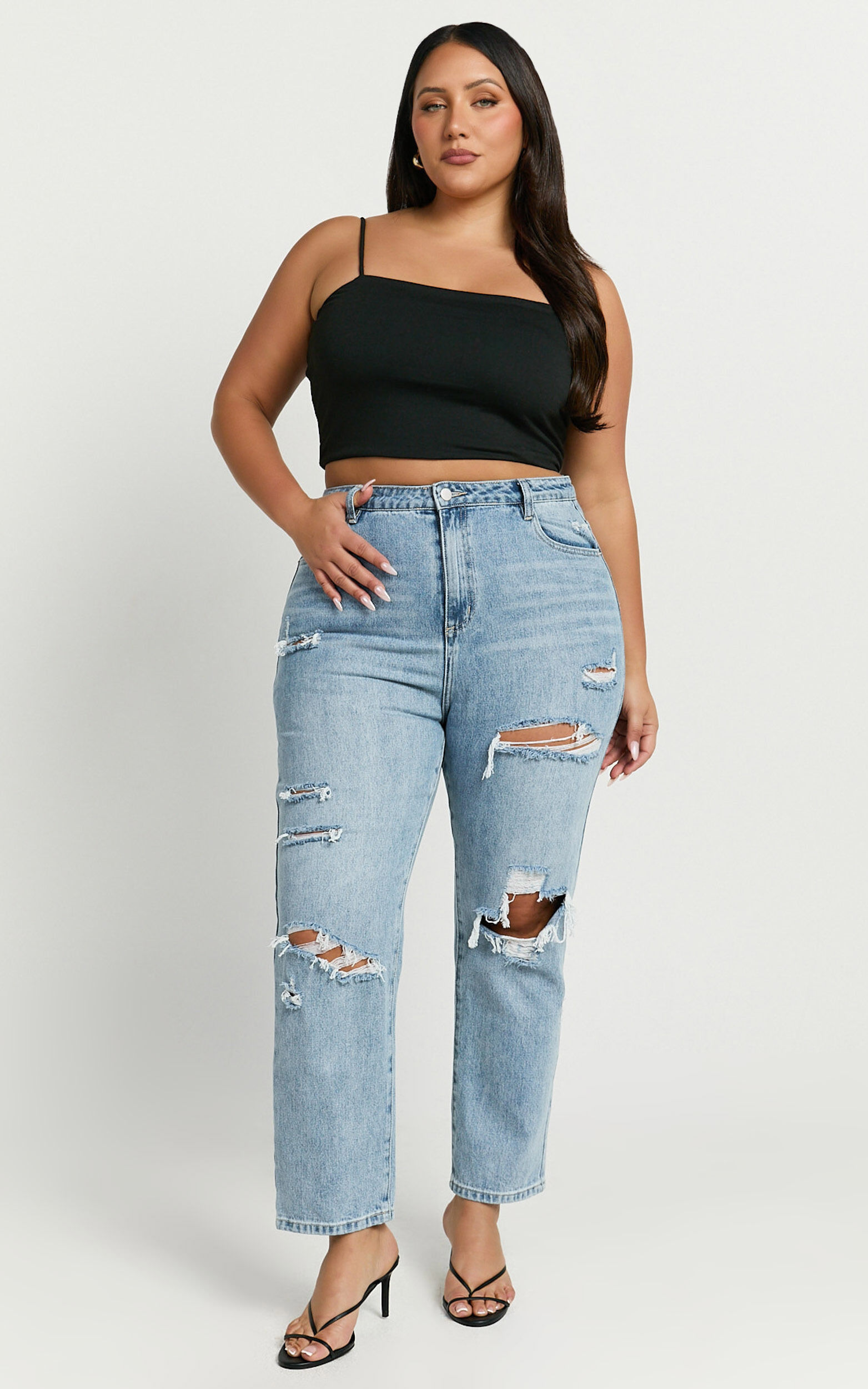 Billie Jeans - High Waisted Cotton Distressed Mom Denim Jeans in Mid Blue Wash