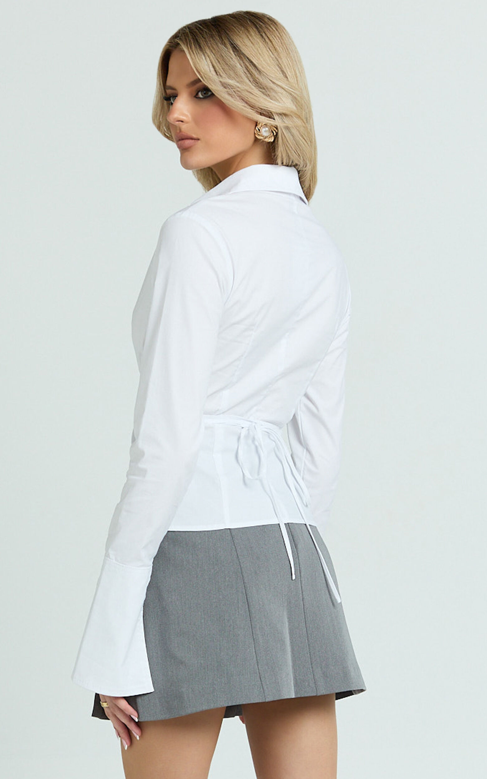 Katherine Top - Collared Plunge Flared Sleeve Top in White