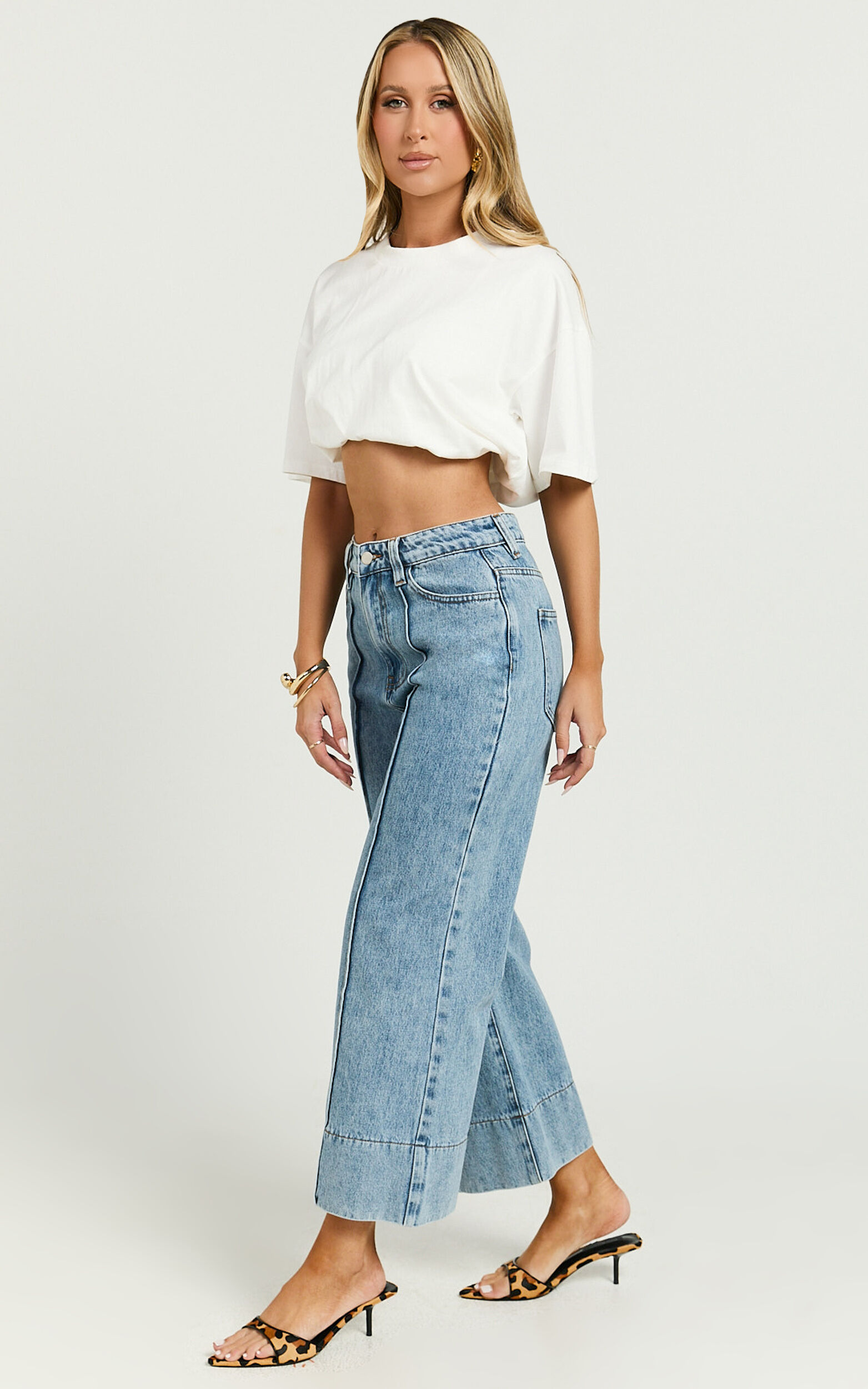 Jolene Jeans - Mid Rise Wide Leg Recycled Denim Cropped Jeans in Mid Blue Wash
