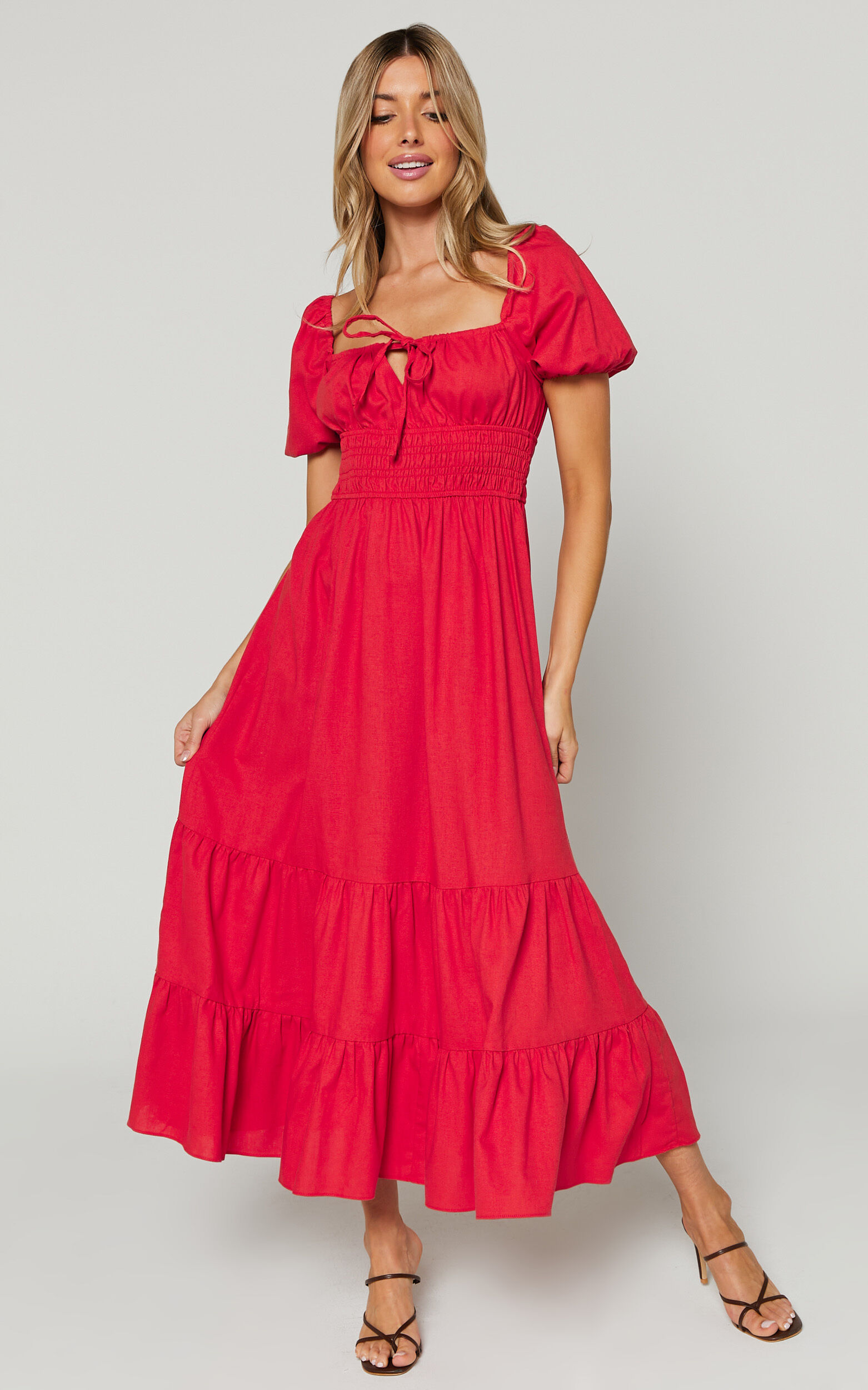 Claritza Midi Dress - Linen Look Short Puff Sleeve Square Neck Tiered Dress in Red