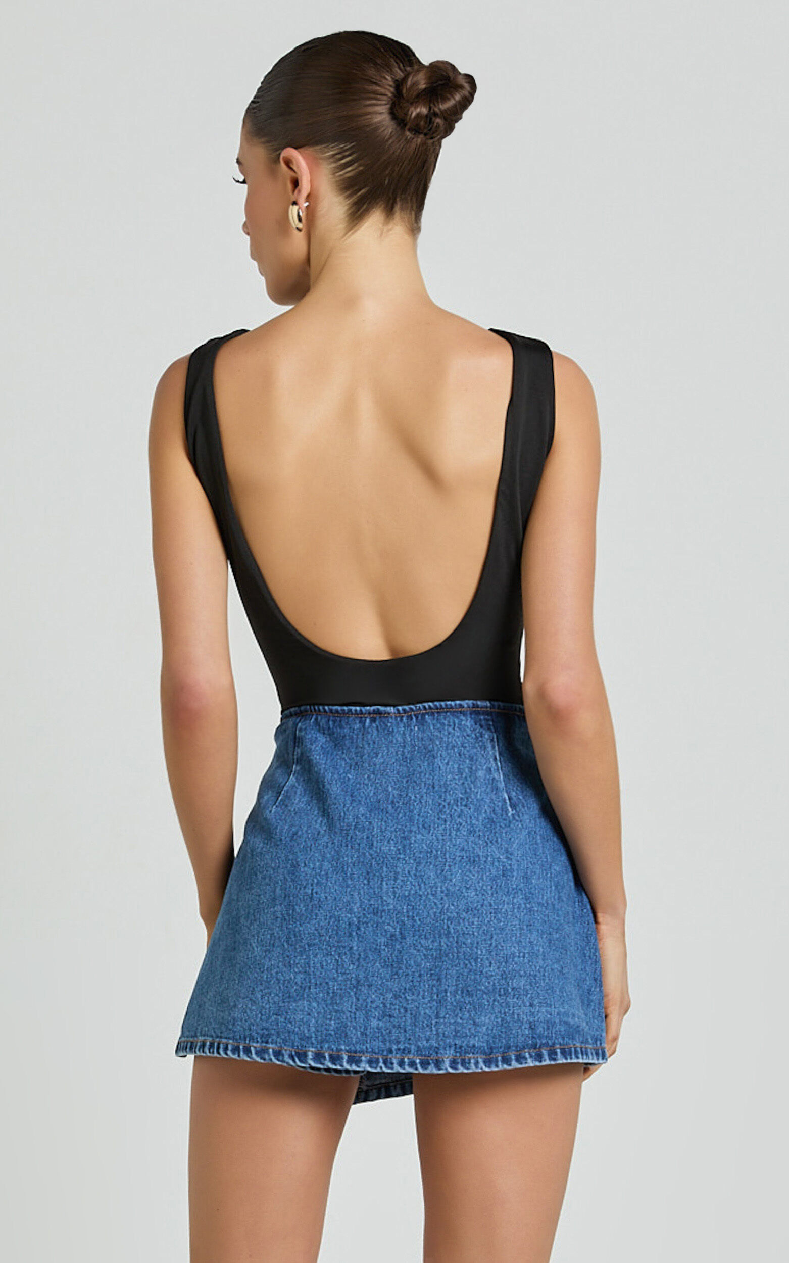 Ronnie Skort - Mid Waist Lace Up Denim Skort in Dark Blue Wash