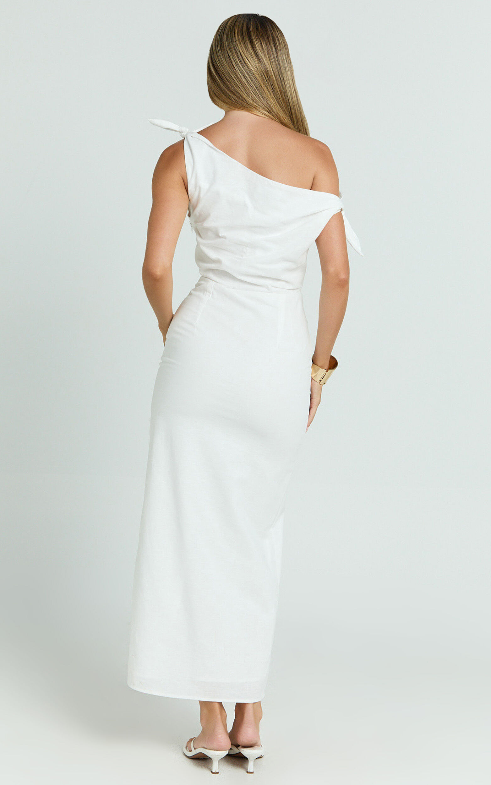 Cincinnati Midi Dress - Off The Shoulder Side Split Column Linen Dress in White