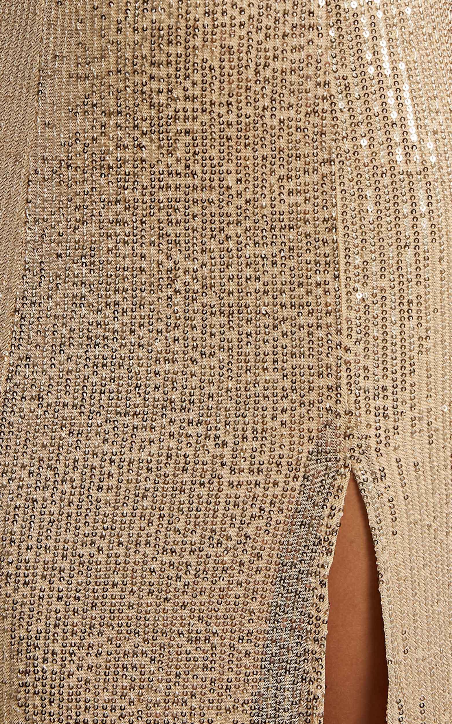 Magic Hour Maxi Dress - Thigh Split Tie Back Dress in Gold Sequin