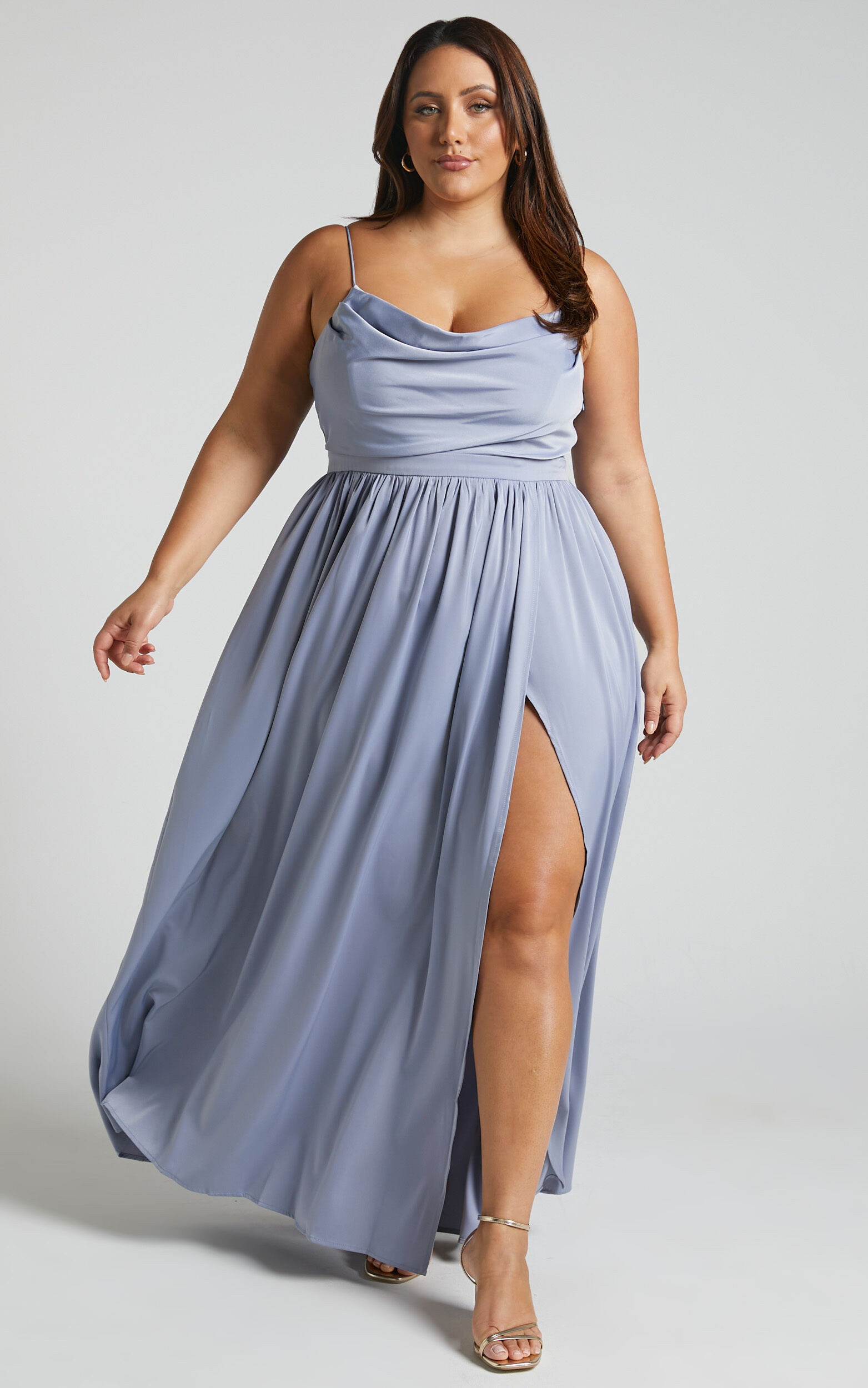 Gemalyn Maxi Dress - Cowl Neck Thigh Split Dress in Sky Blue
