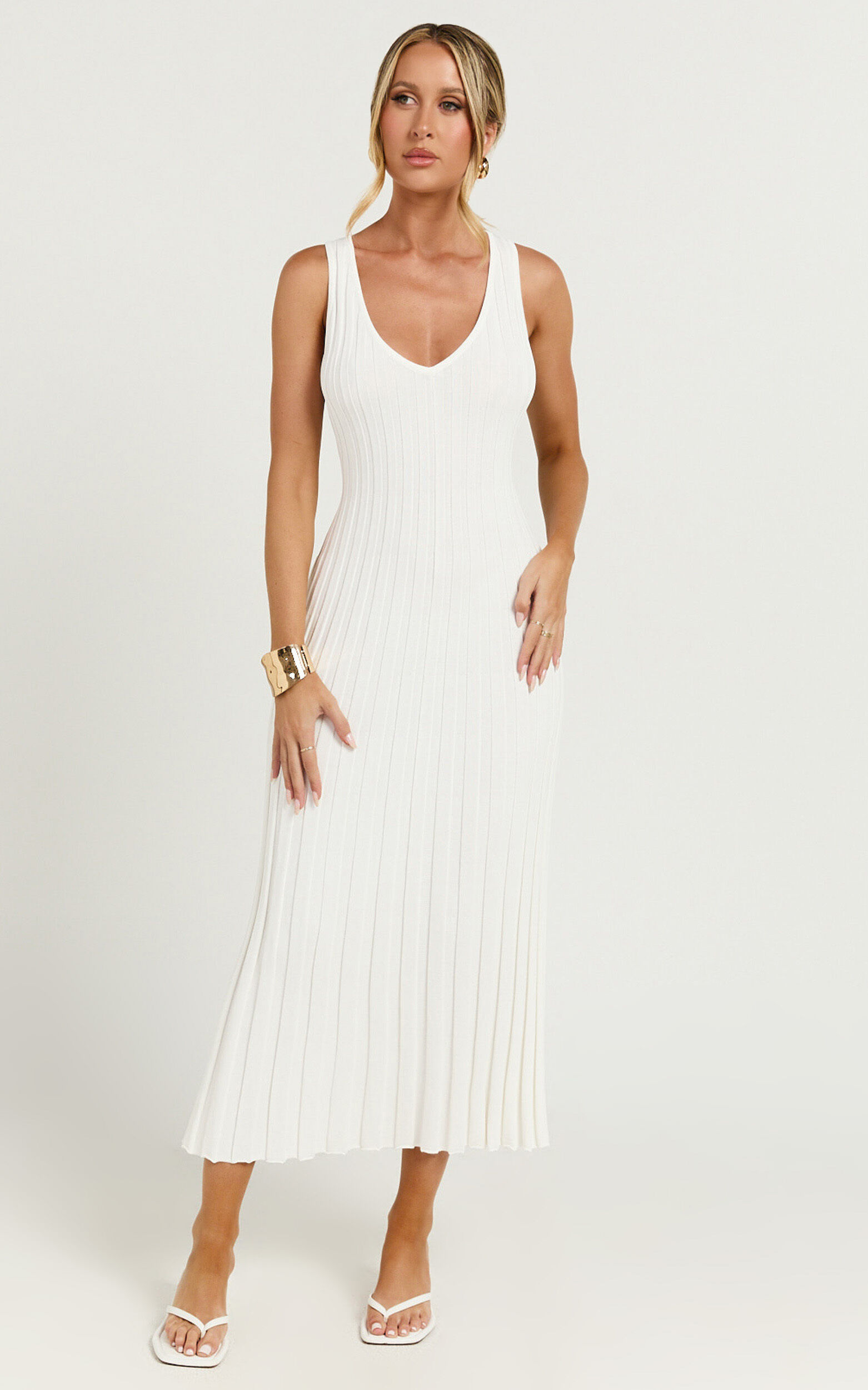 Maya Midi Knit Dress - Sleeveless V Neck Knited Dress in White