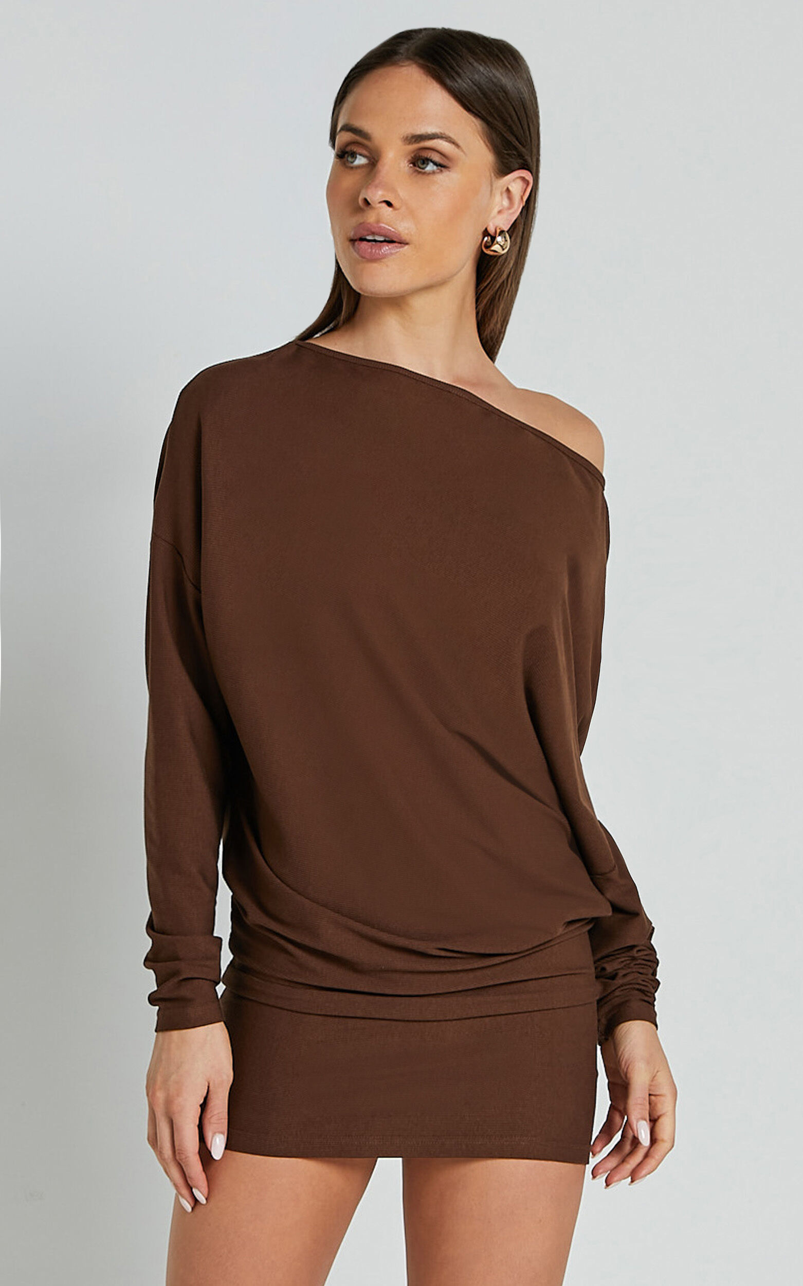 Fermina Mini Dress - Long Sleeve Bodycon Dress in Chocolate