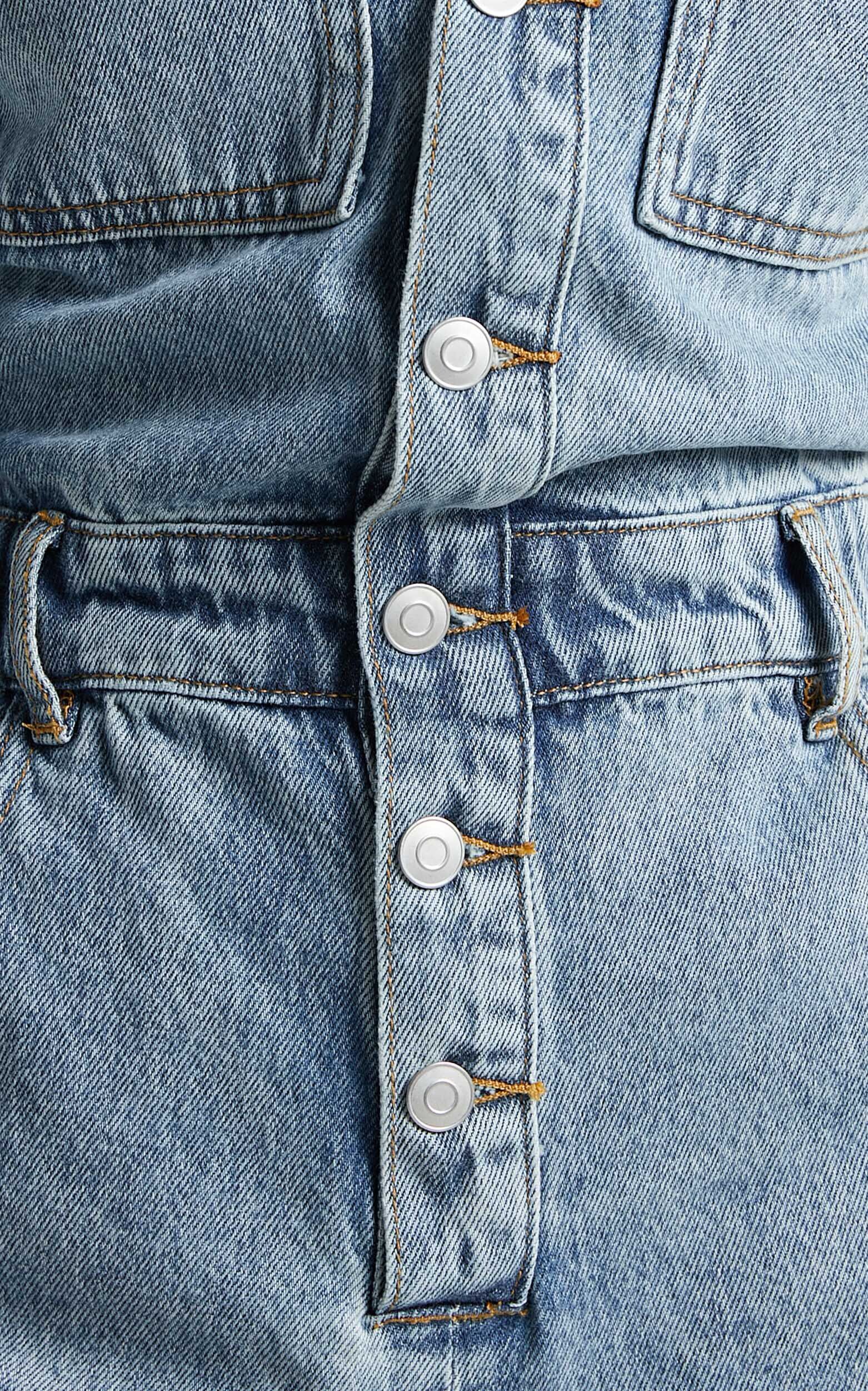 Leo Playsuit - Collared Short Sleeve Button Front Denim Playsuit in Mid Blue Acid Wash