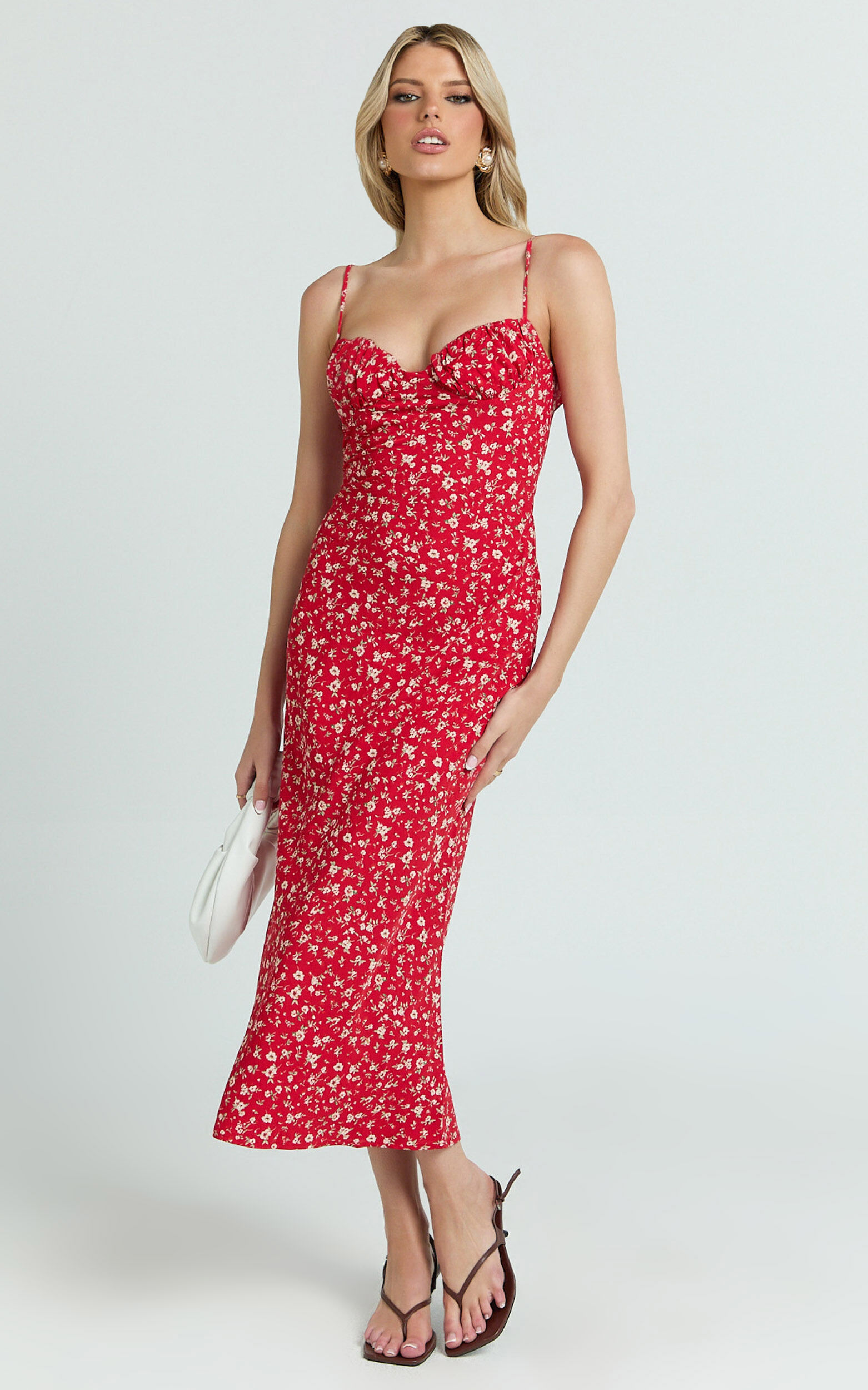 Hilton Midi Dress - Ruched Bust Slip Dress in Red Floral