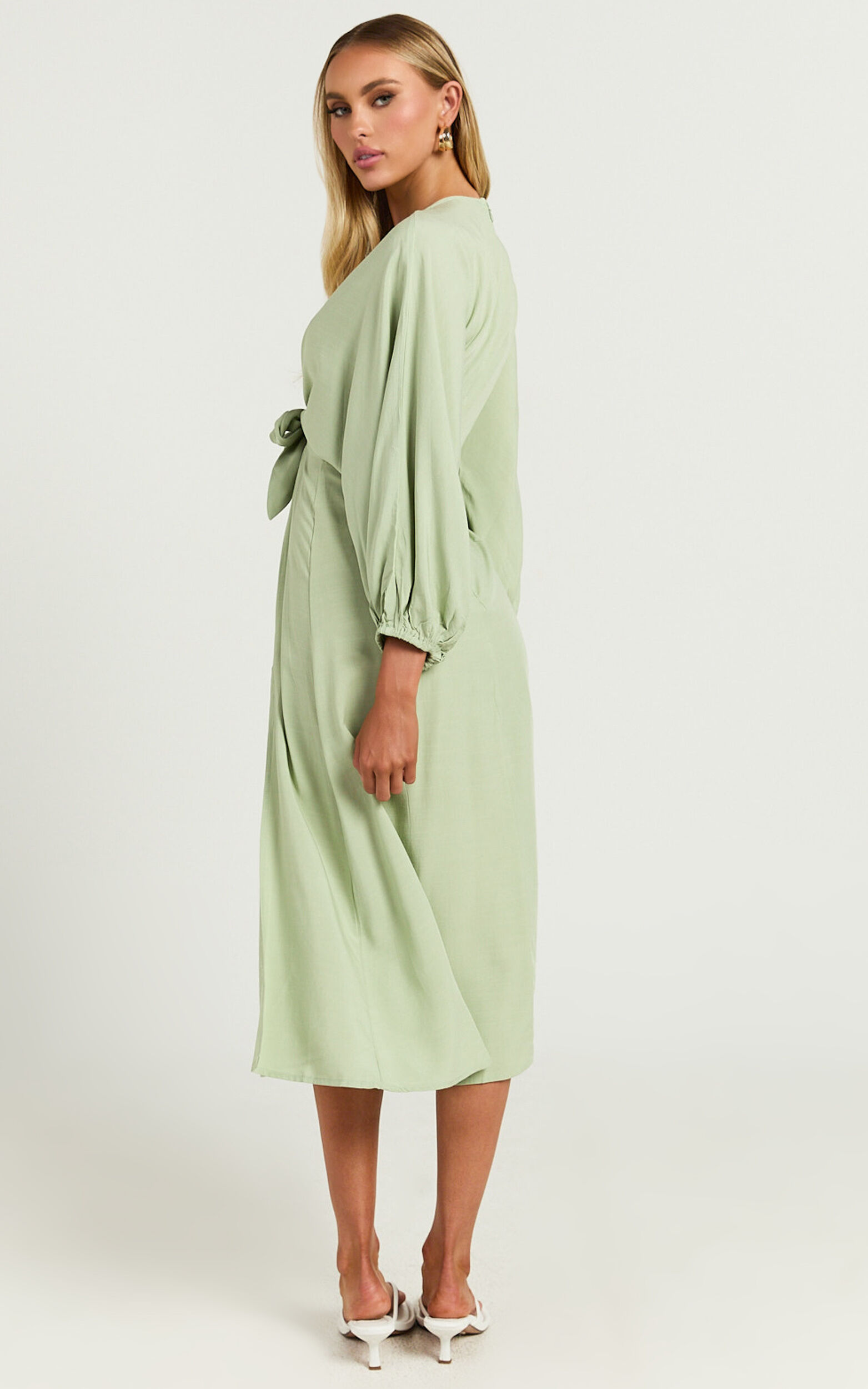 Tyricia Midi Dress - Long Sleeve Tie Front Cut Out Dress in Sage