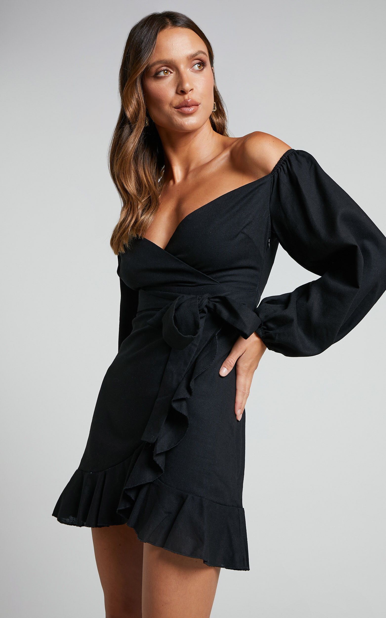 Cant Move On Off Shoulder Mini Linen Dress in Black Linen Look