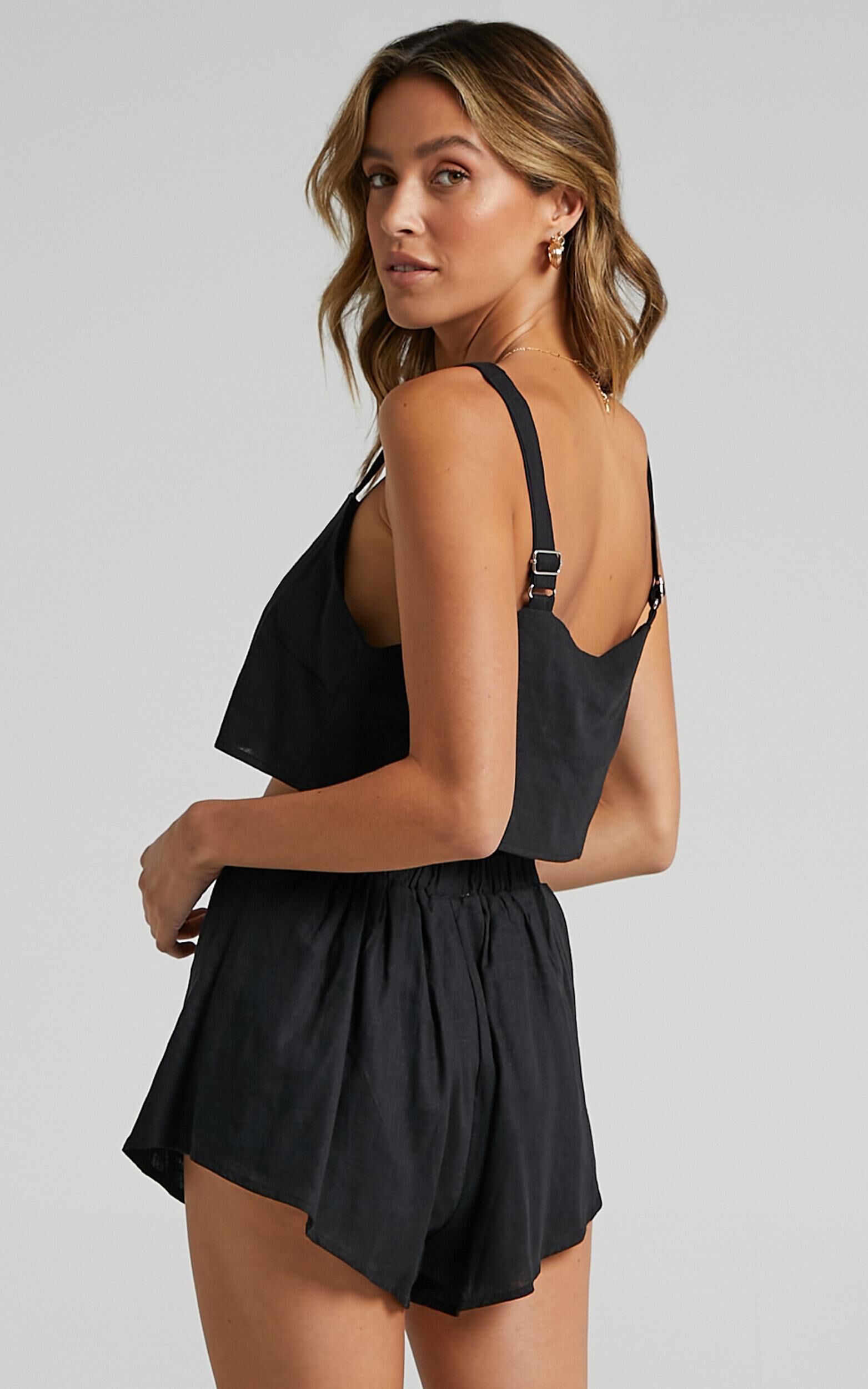 Zanrie Two Piece Set - Linen Square Neck Crop Top and High Waist Mini Flare Shorts Set in Black