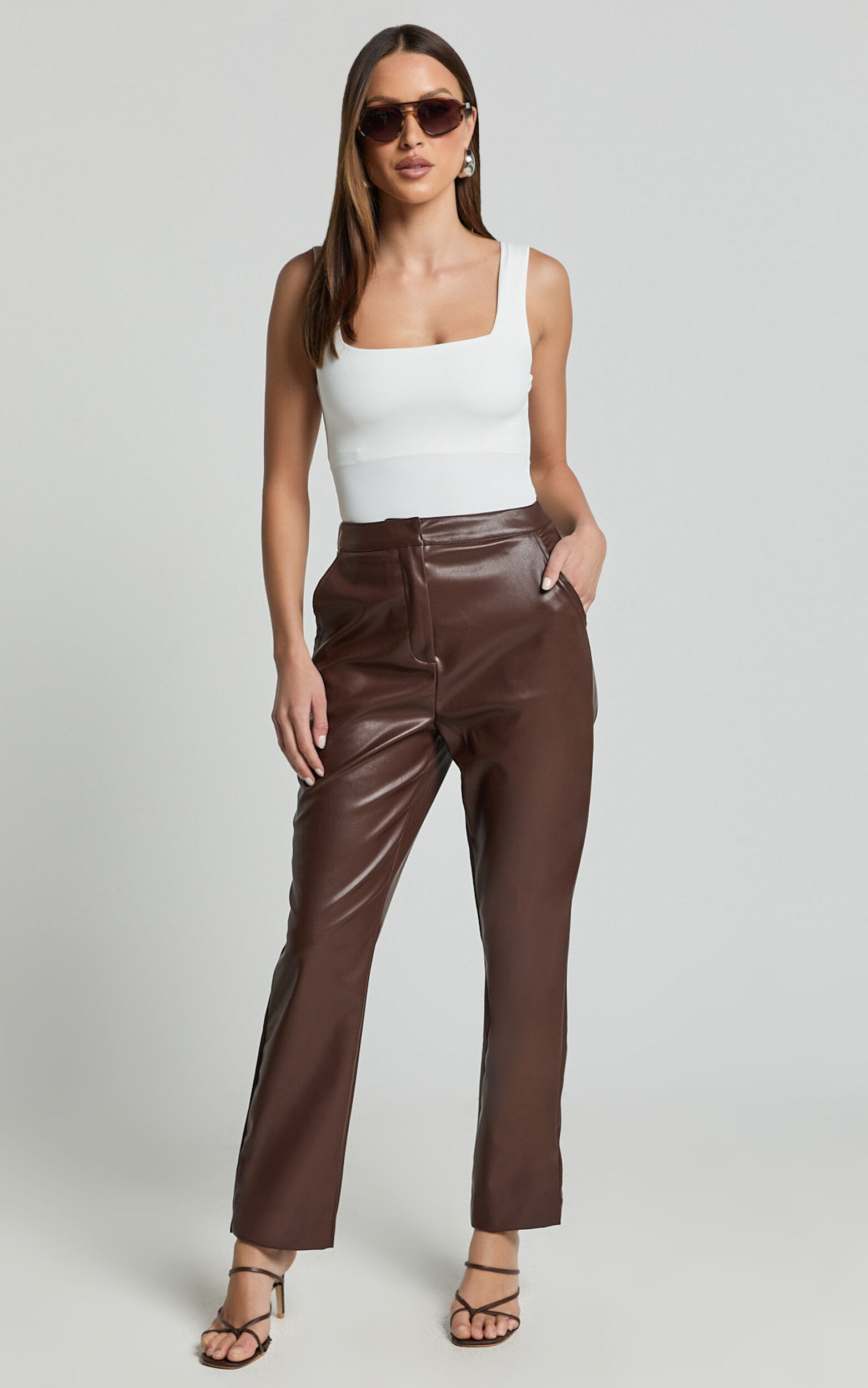 Azelia Pants - Mid Rise Cropped Faux Leather Pants in Dark Chocolate