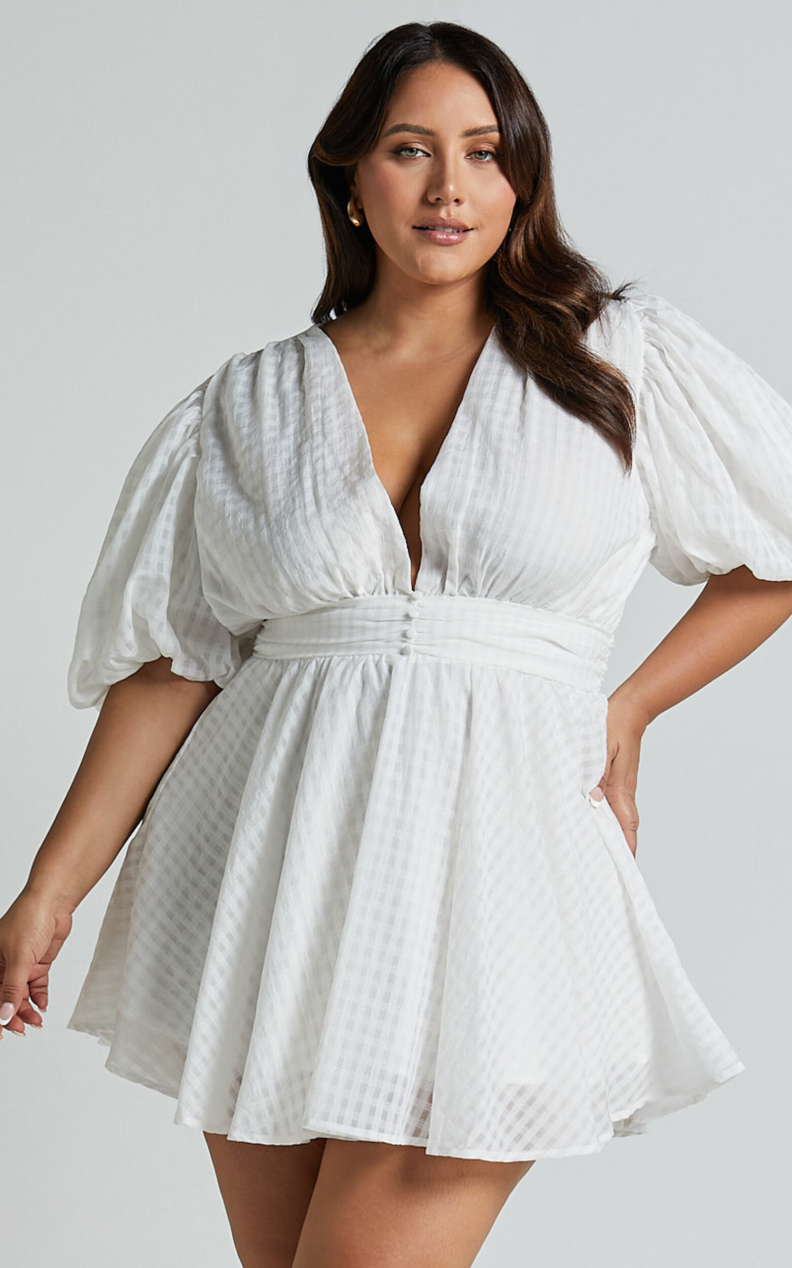 Xandy Mini Dress - Textured Puff Sleeve Plunge Dress in White