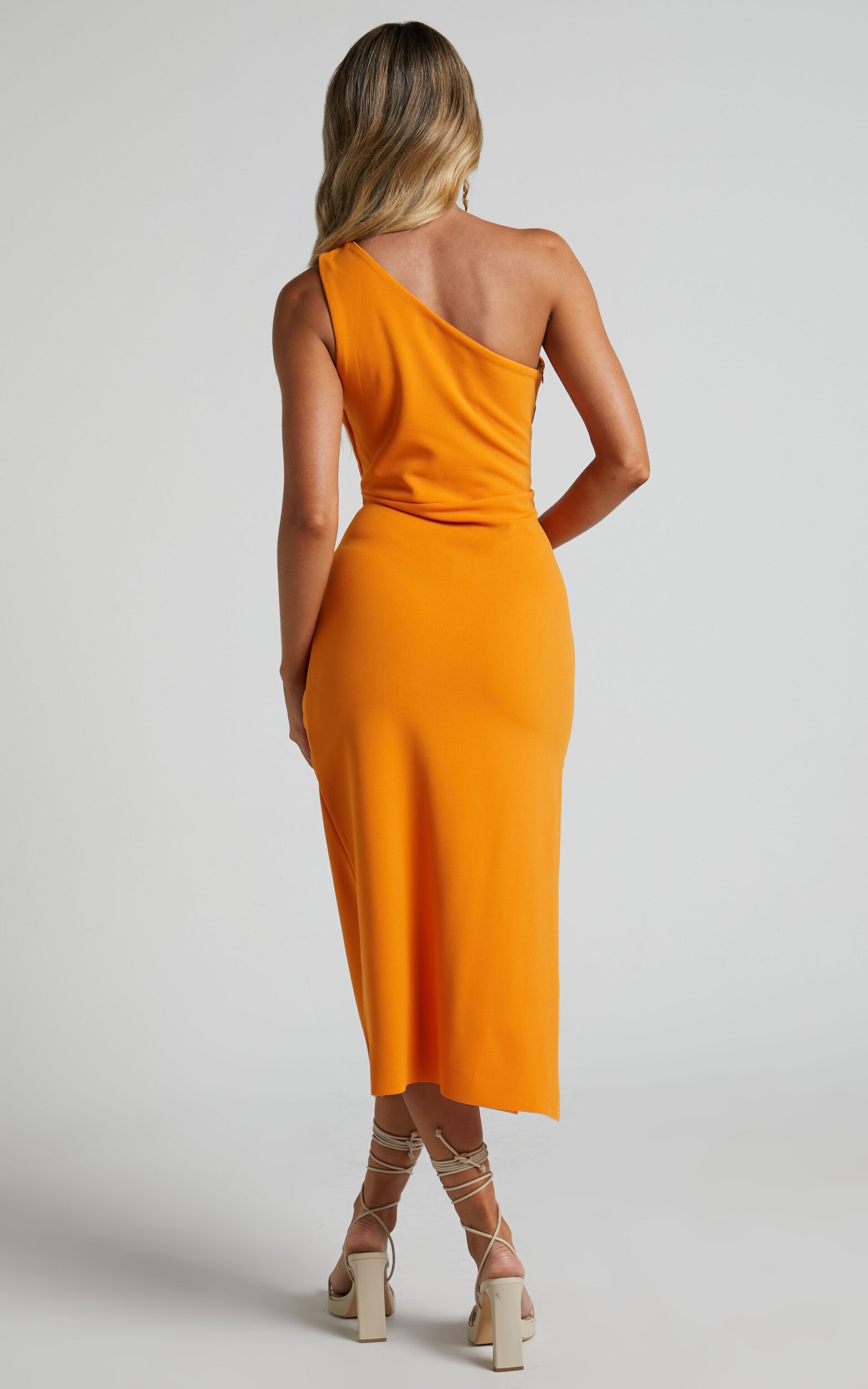 Monette Midi Dress - One Shoulder Straight Dress in Orange