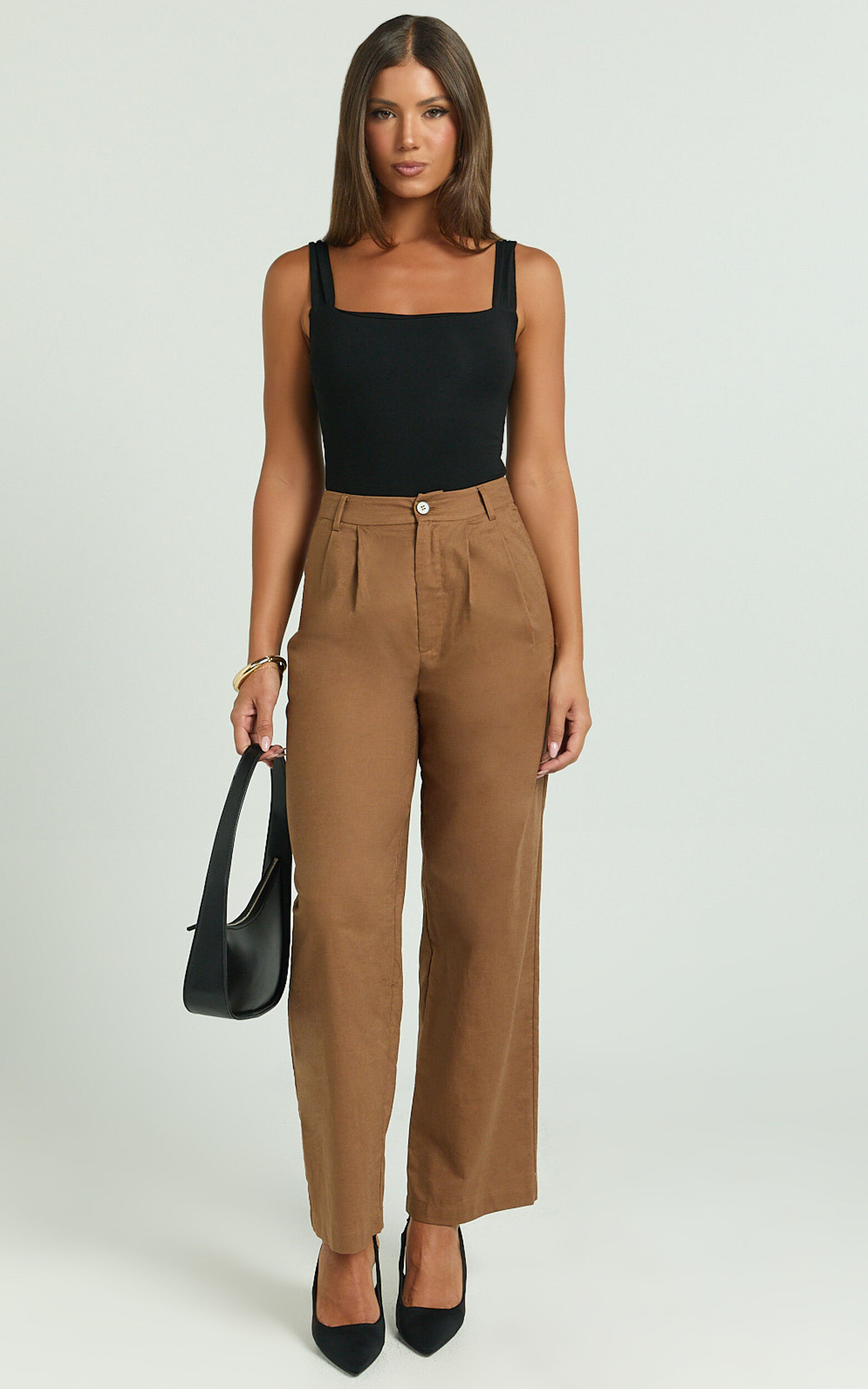 Celenia Linen Pants - High Waisted Wide Leg Pants in Tobacco