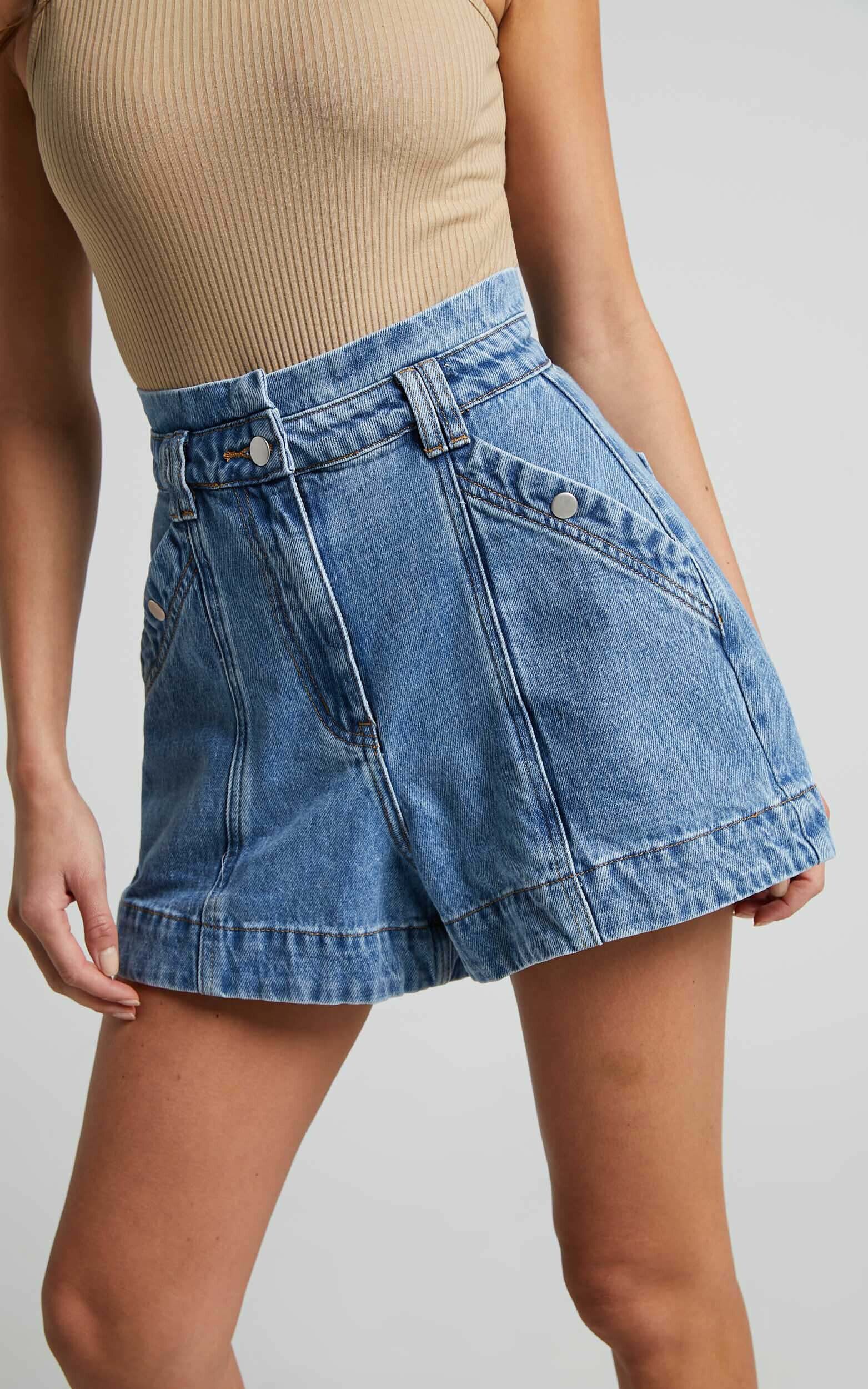 Kayla Shorts - High Waisted A Line Denim Shorts in Mid Blue Wash