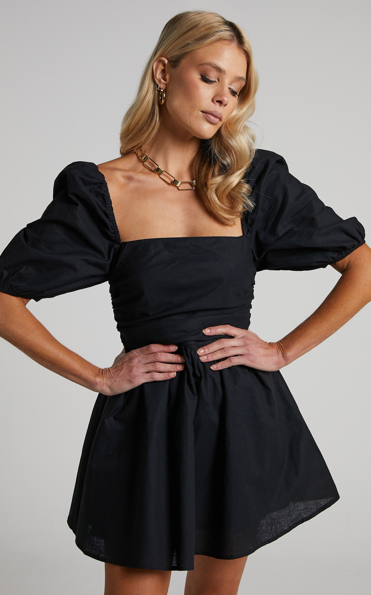 Claudina Mini Dress - Linen Look Puff Sleeve Ruched Bodice Dress in Black