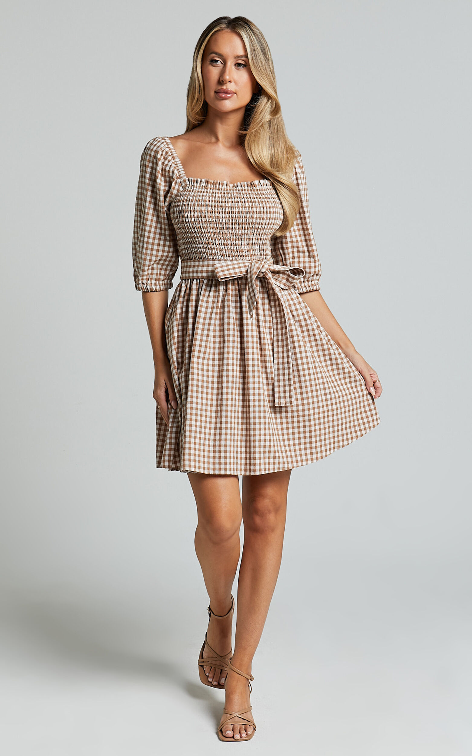 Liza Mini Dress - Shirred Bodice Short Sleeve Tie Dress in Caramel and White Gingham