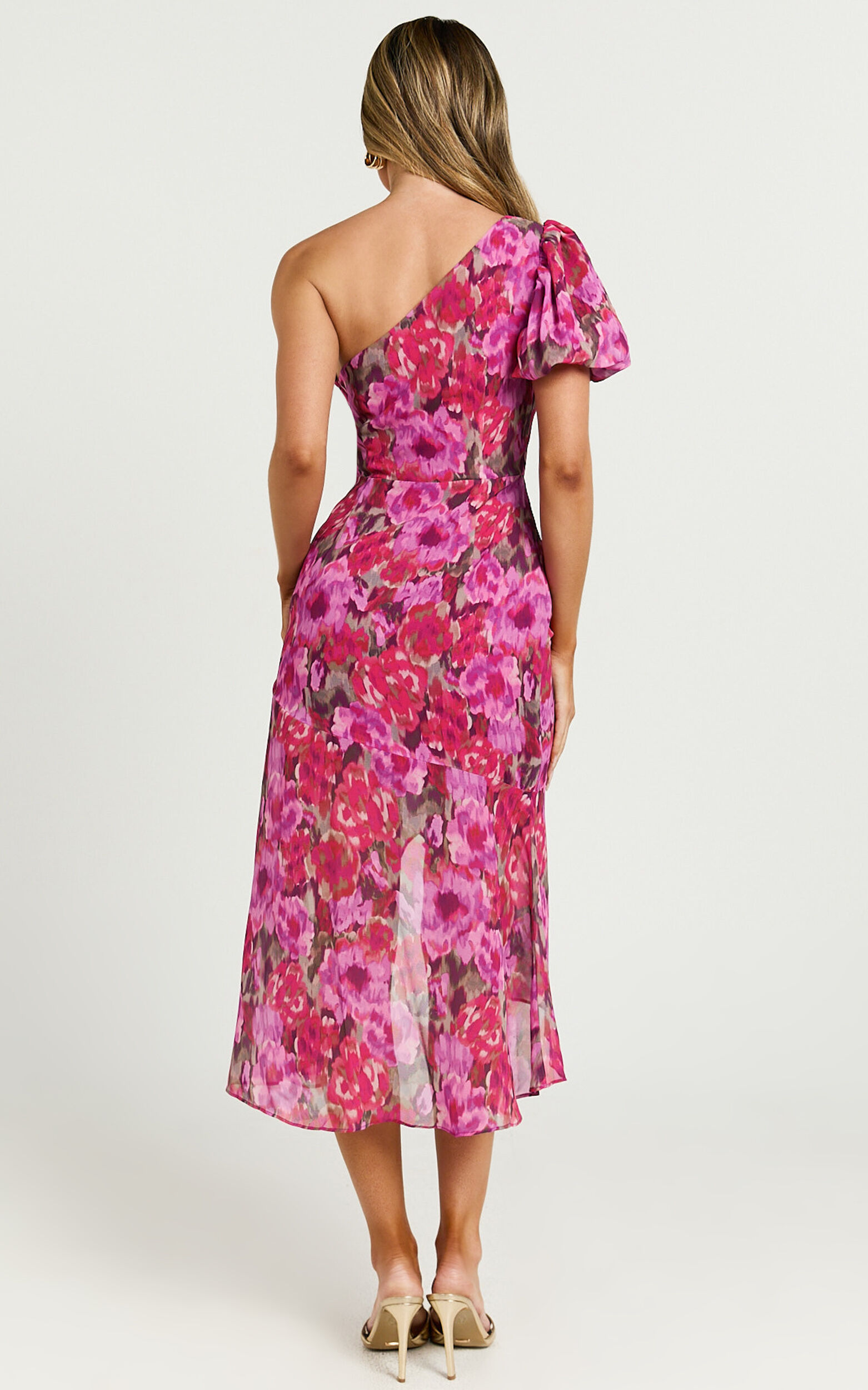 Clabelle Midi Dress - One Shoulder Ruffle Tulip Hem Dress in Violette Blur Floral