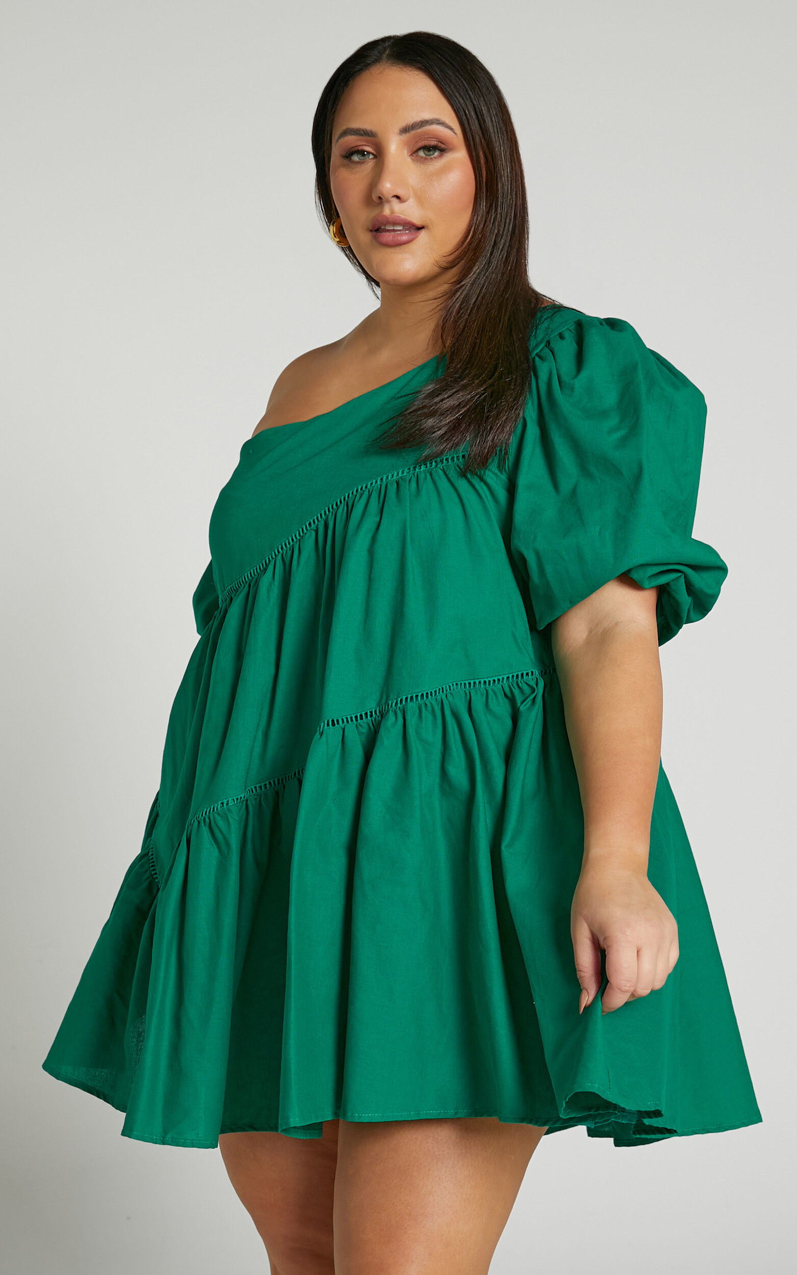 Harleen Mini Dress - Linen Asymmetrical Trim Puff Sleeve Dress in Green