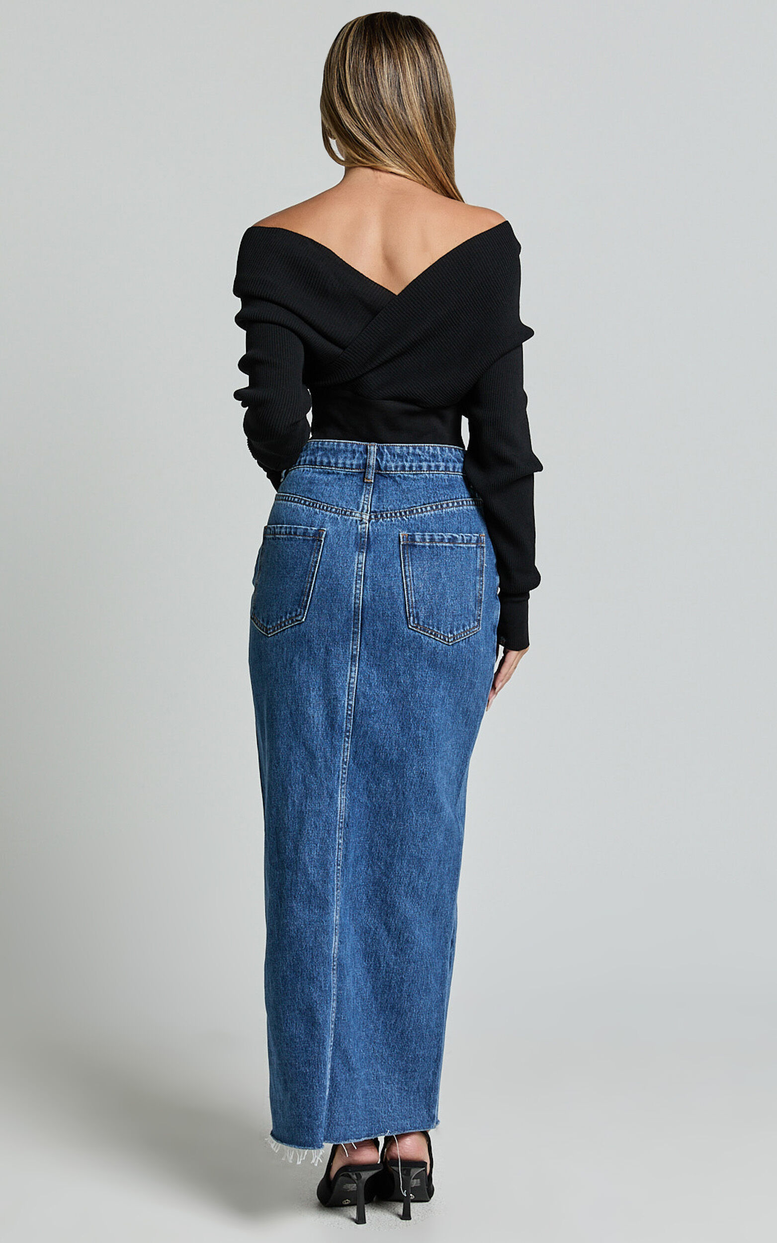 Kira Midi Skirt - Front Split Denim Skirt in Dark Blue Wash