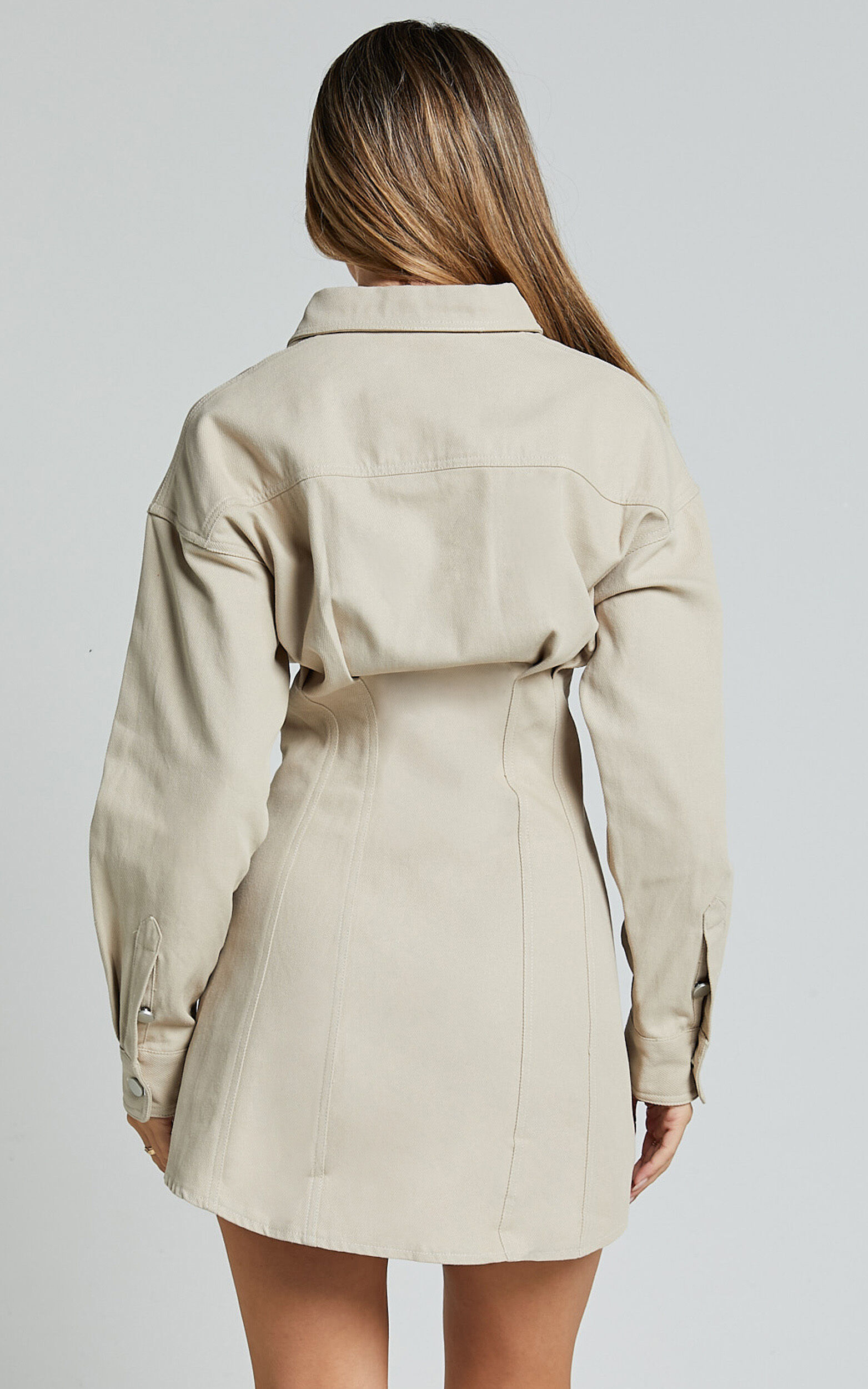 Sofia Mini Dress - Button Through Long Sleeve Dress in Stone