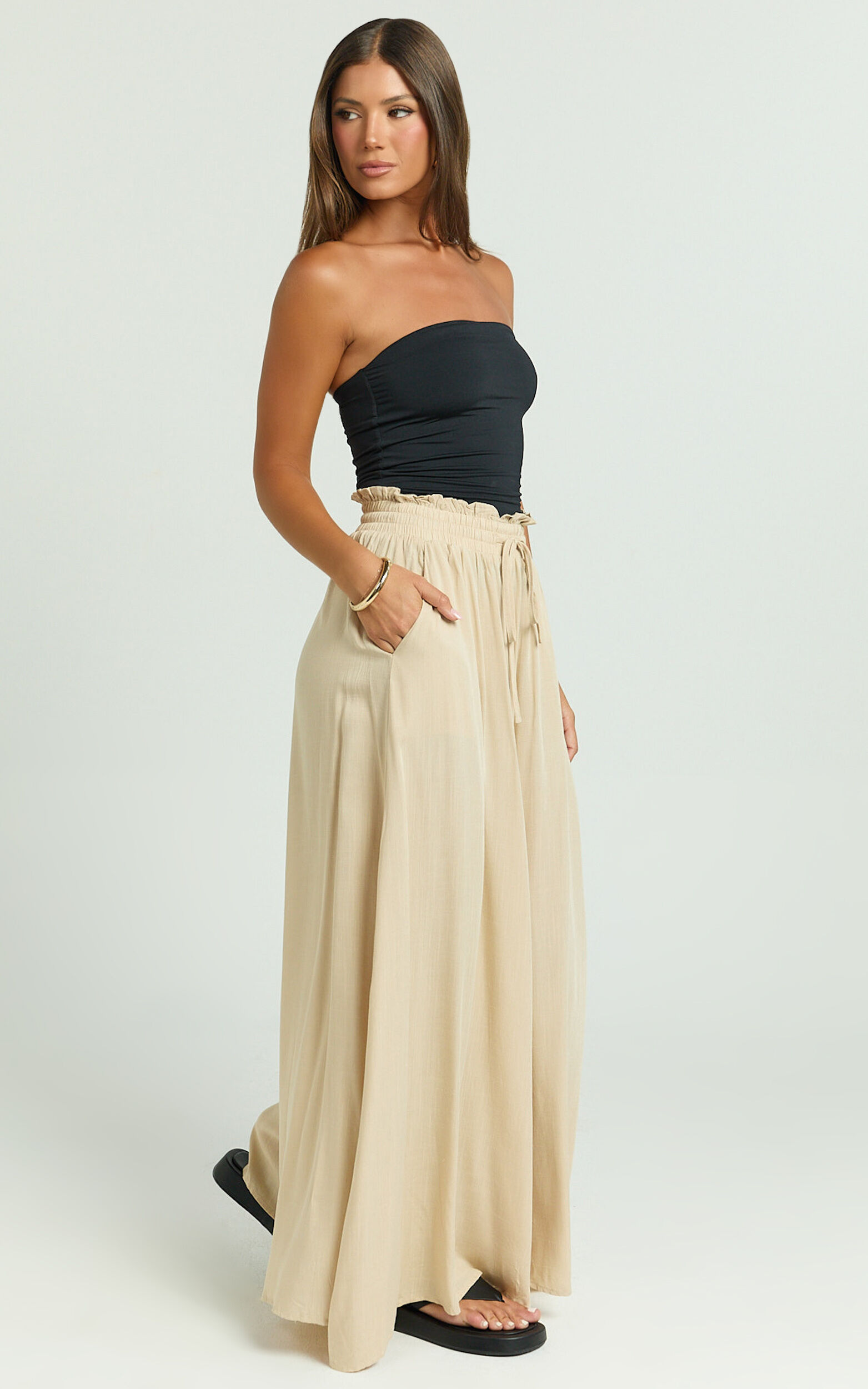 Hany Pants - High Waist Drawstring Wide Leg Pants in Stone