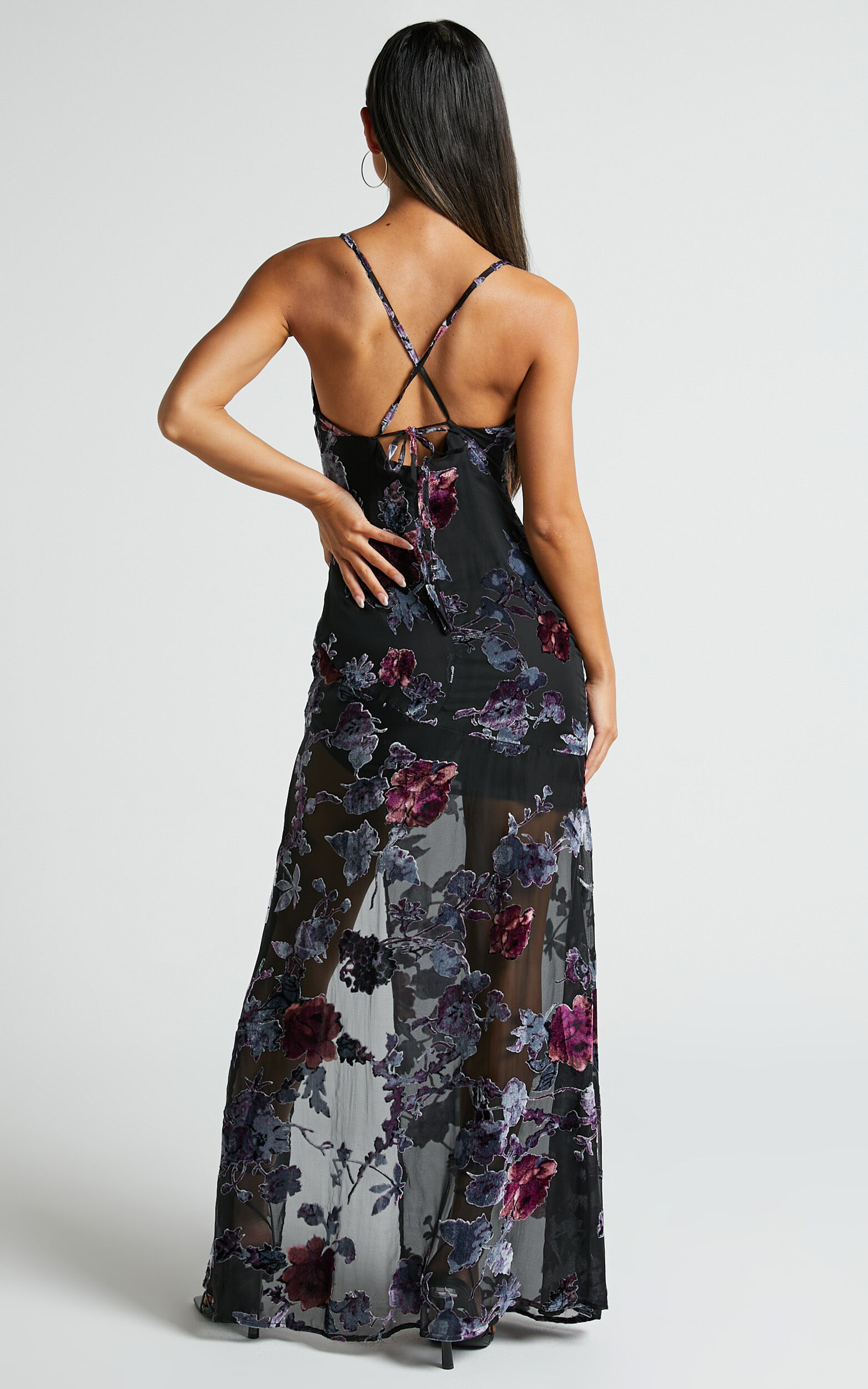 Aletta Maxi Dress - Cowl Cross Back Dress in Purple Haze Burnt Out Floral