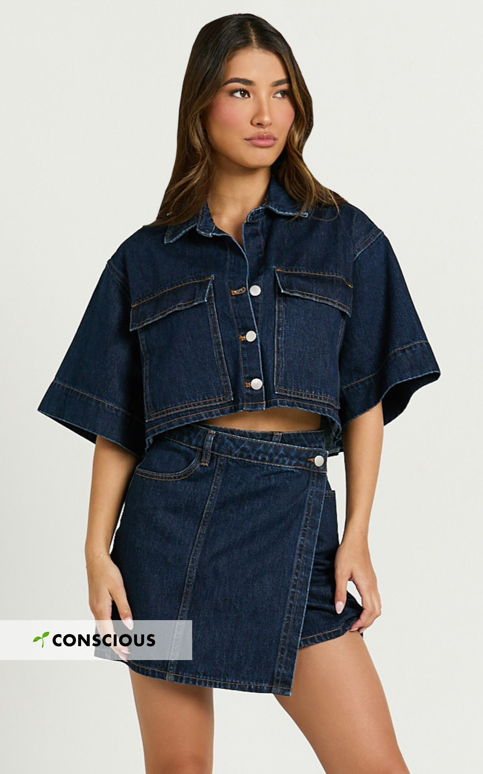 Katherine Mini Skirt - Cross Front Recycled Denim Skirt in Dark Blue Wash