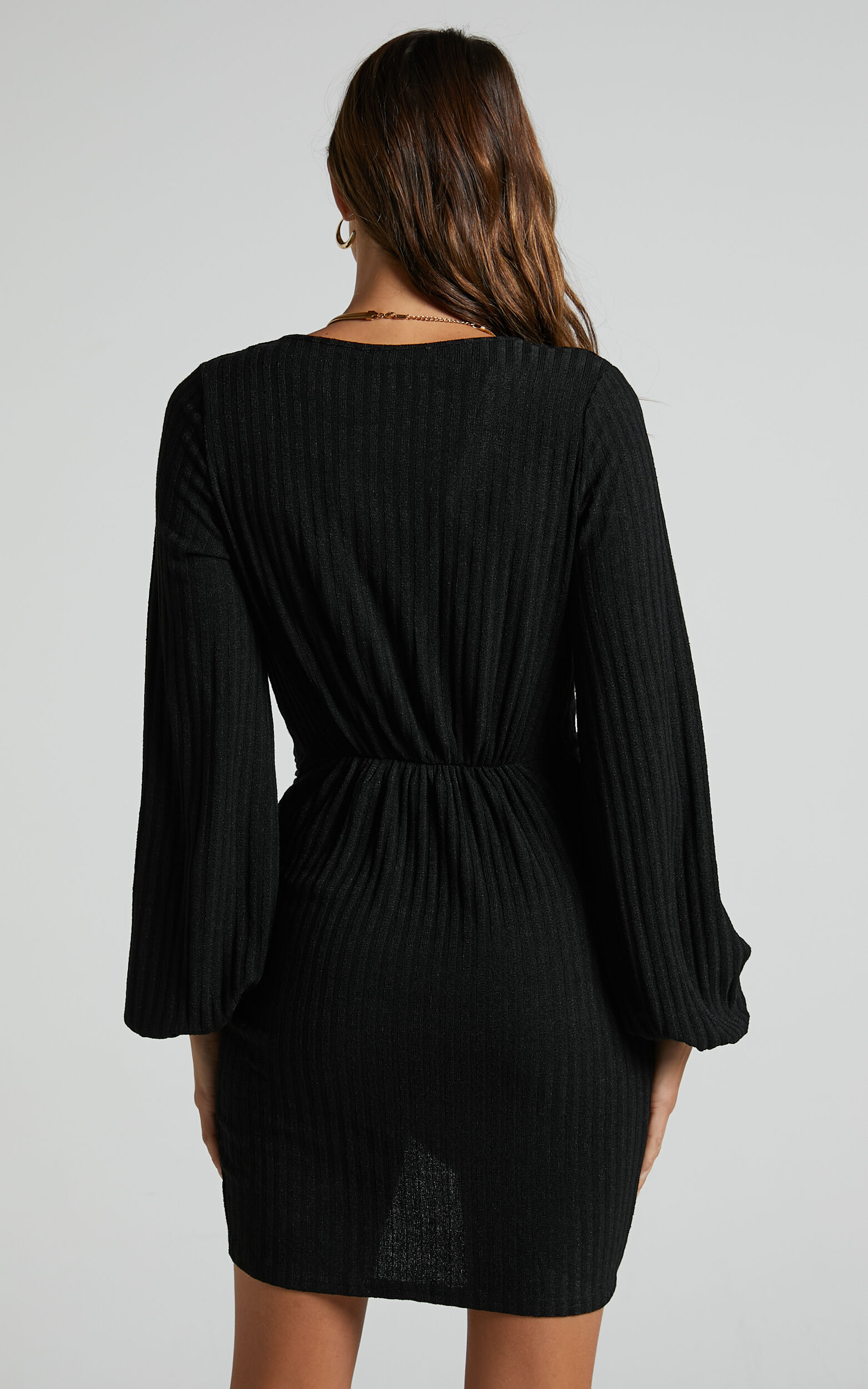 Charmine Mini Dress - Twist Front Long Sleeve Dress in Black