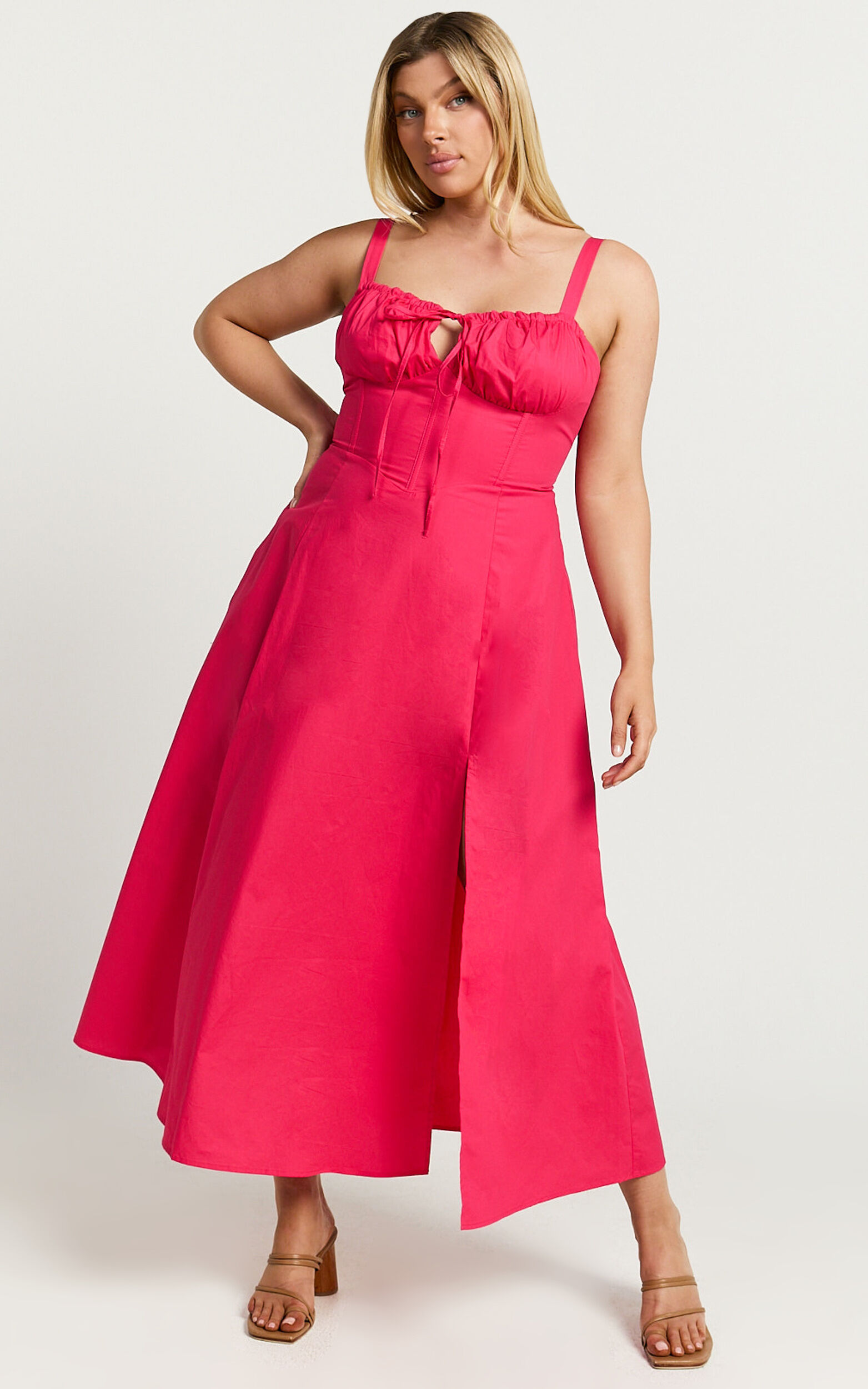 Maiya Midi Dress - Tie Front Fitted Bodice Dress in Hot Pink