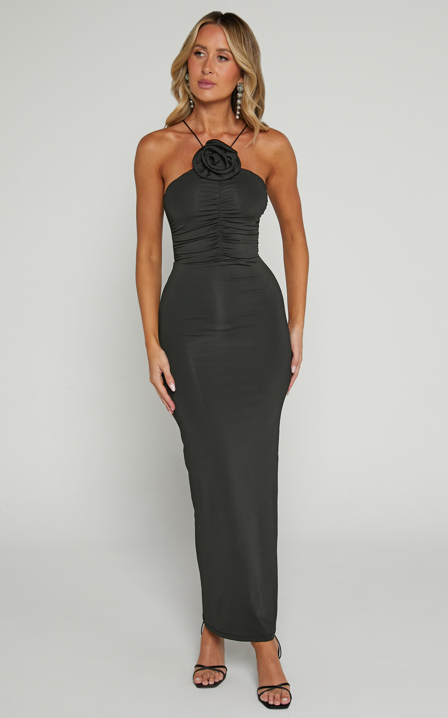 Teagan Midi Dress - Bodycon Ruched Asymmetric Strap Rosette Dress in Black