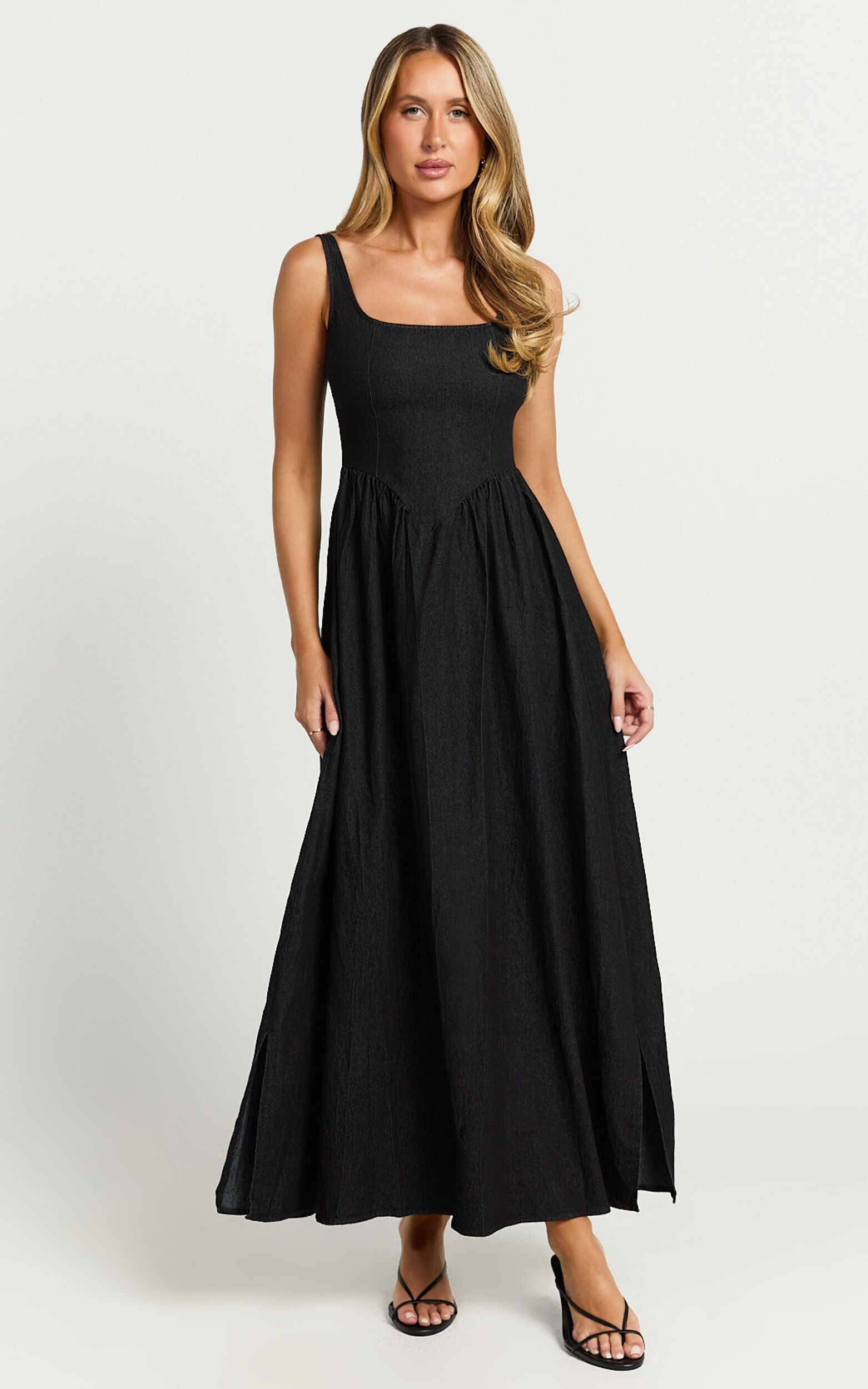 Rhaziya Midi Dress - Sleeveless Straight Neck Fit and Flare Dress in Black