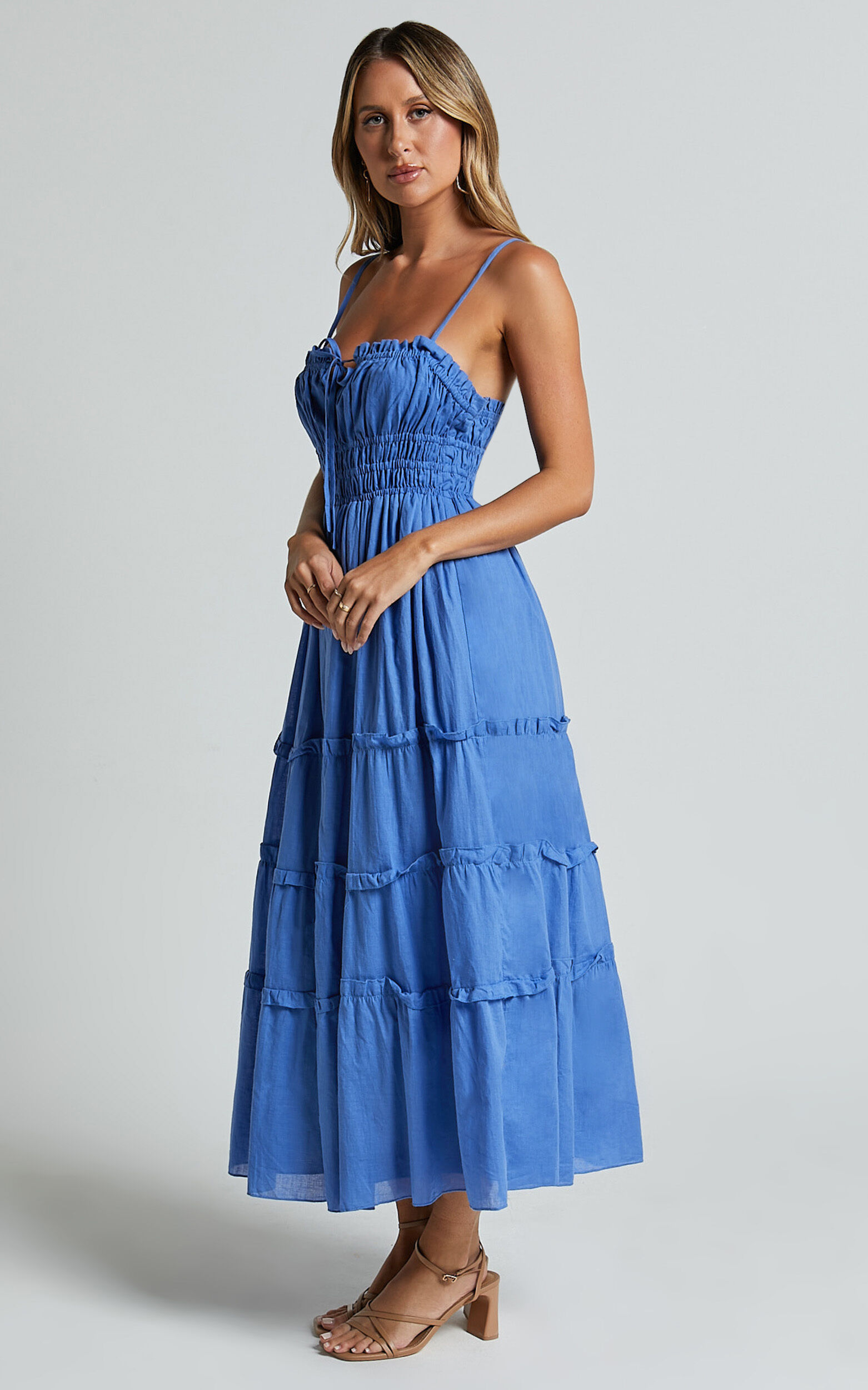 Schiffer Midi Dress - Strappy Ruched Tie Front Tiered Dress in Blue