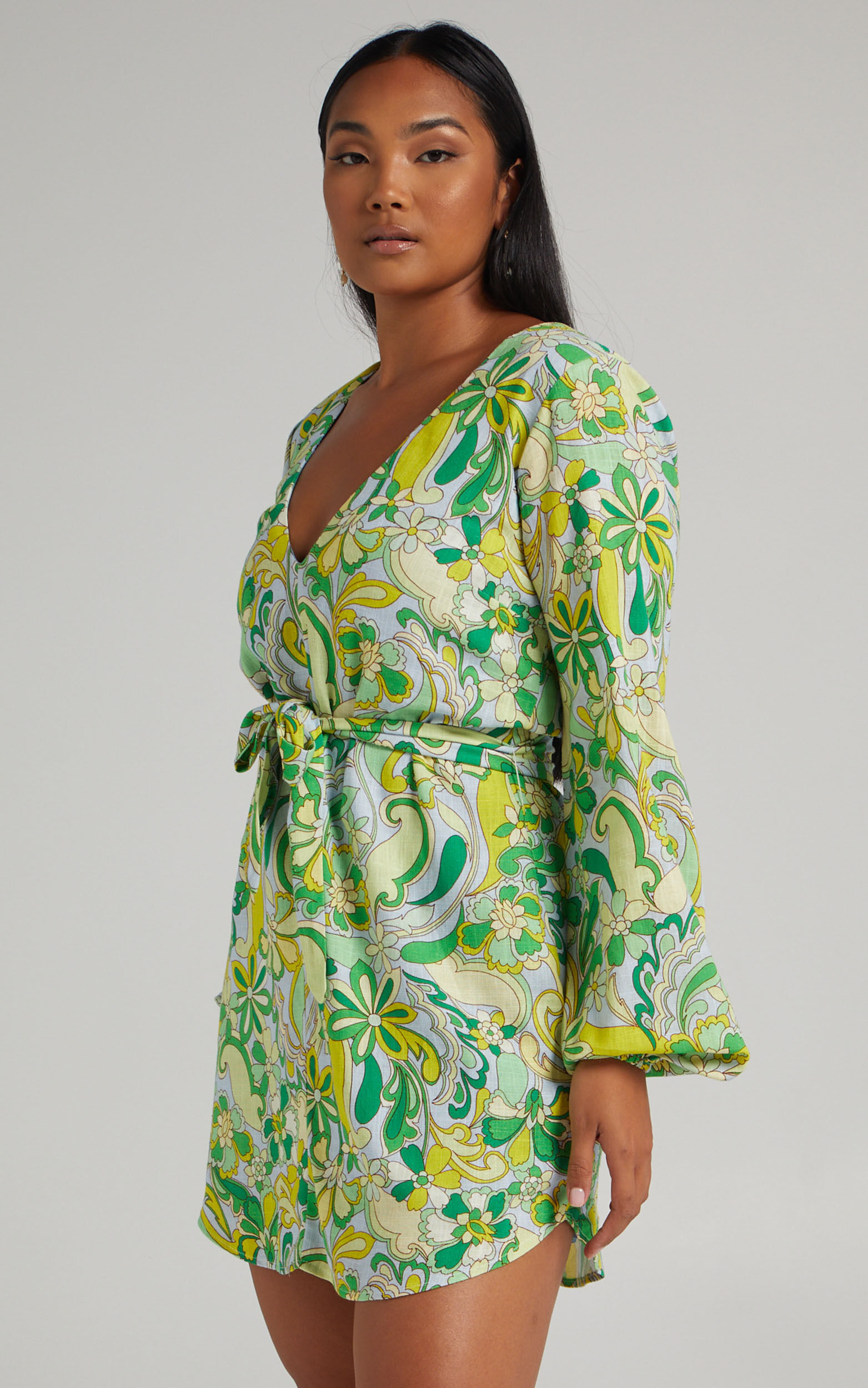 Gianna Mini Dress - Linen Look Balloon Sleeve Dress in California Dreamin