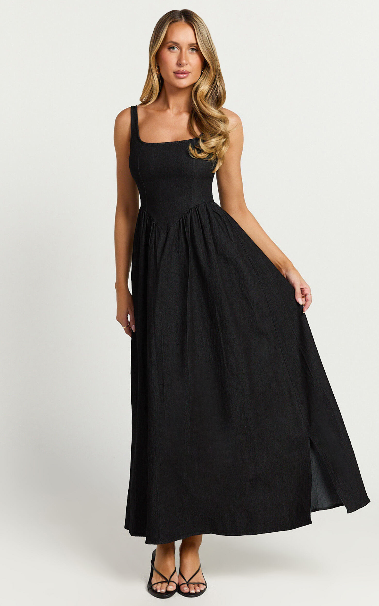 Rhaziya Midi Dress - Sleeveless Straight Neck Fit and Flare Dress in Black
