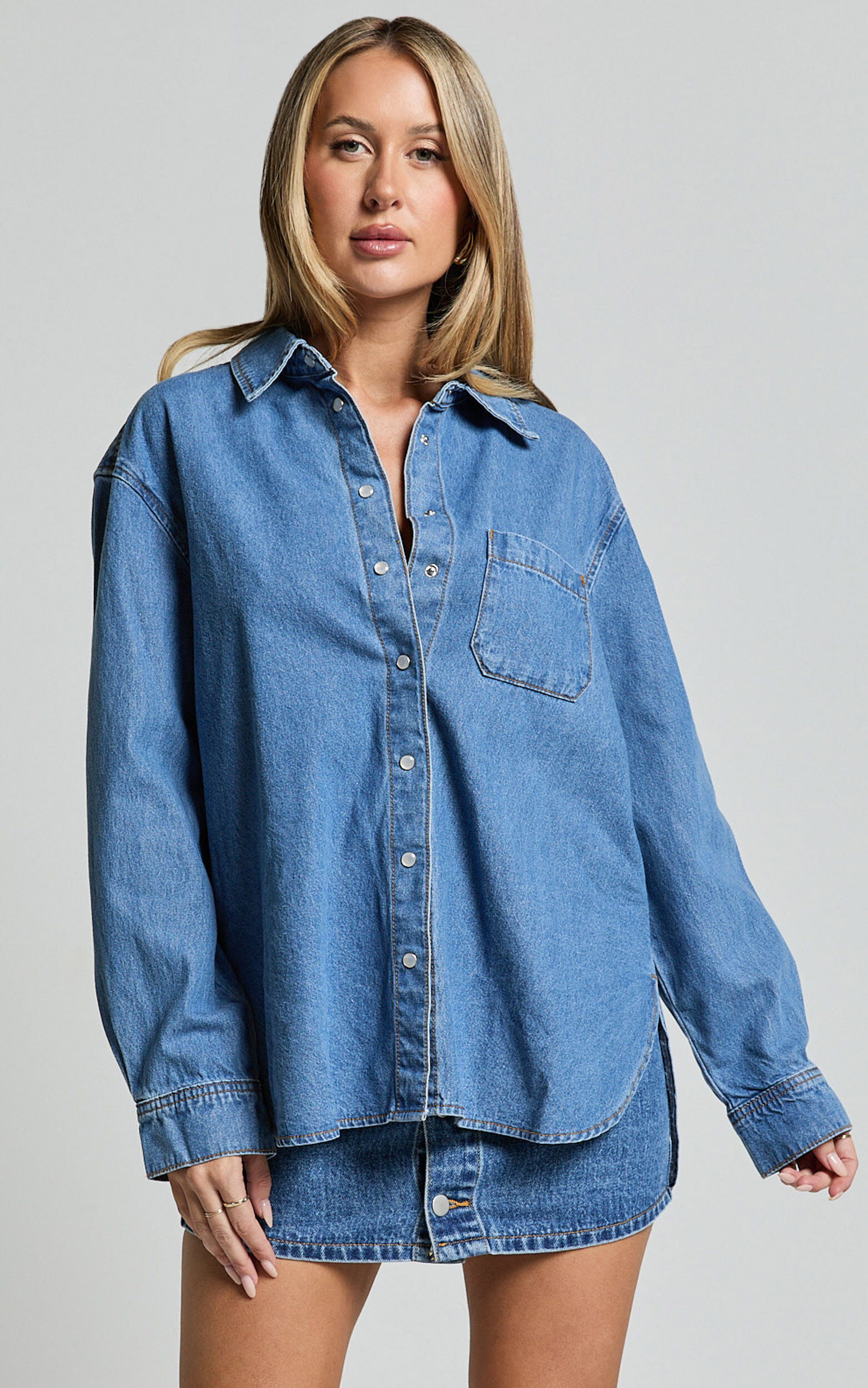Collins Top - Long Sleeve Button Through Denim Shirt in Mid Blue Wash