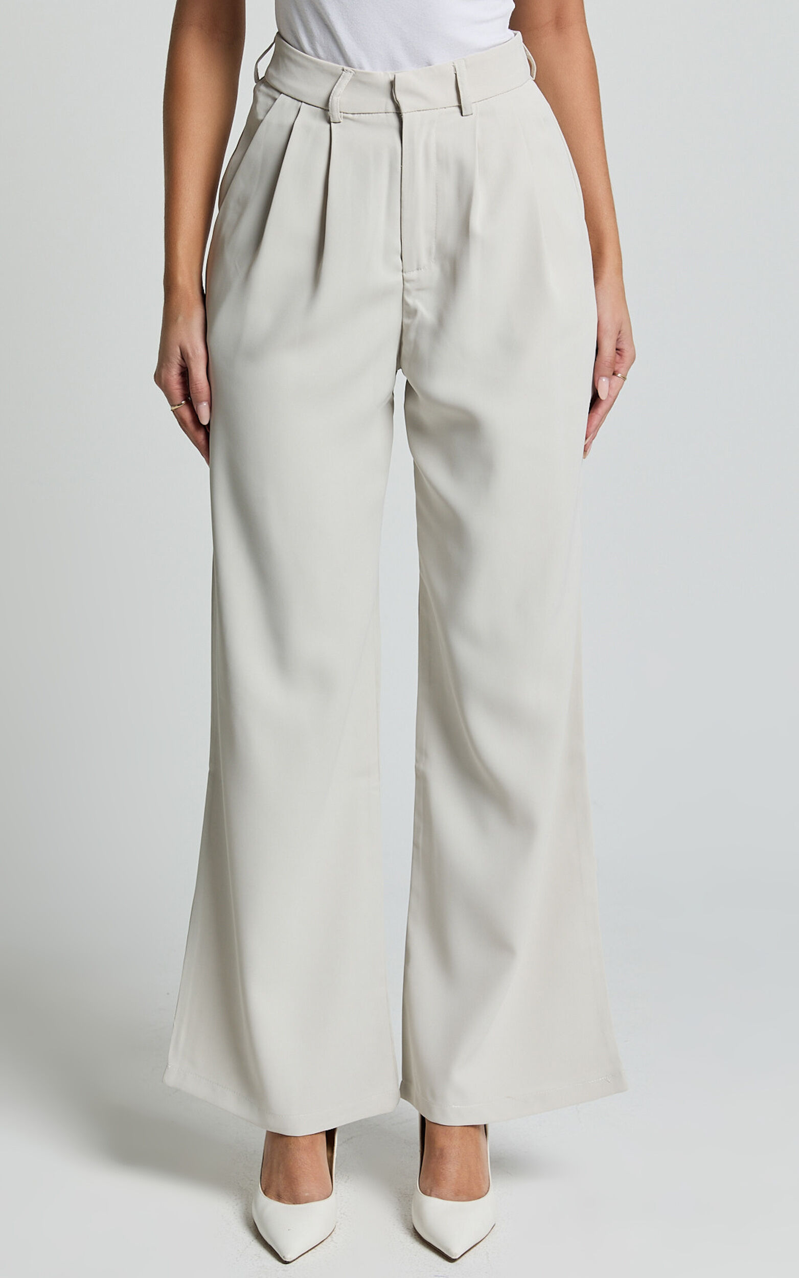 Gwyneth Pants - Mid Waist Tailored Trousers in Stone