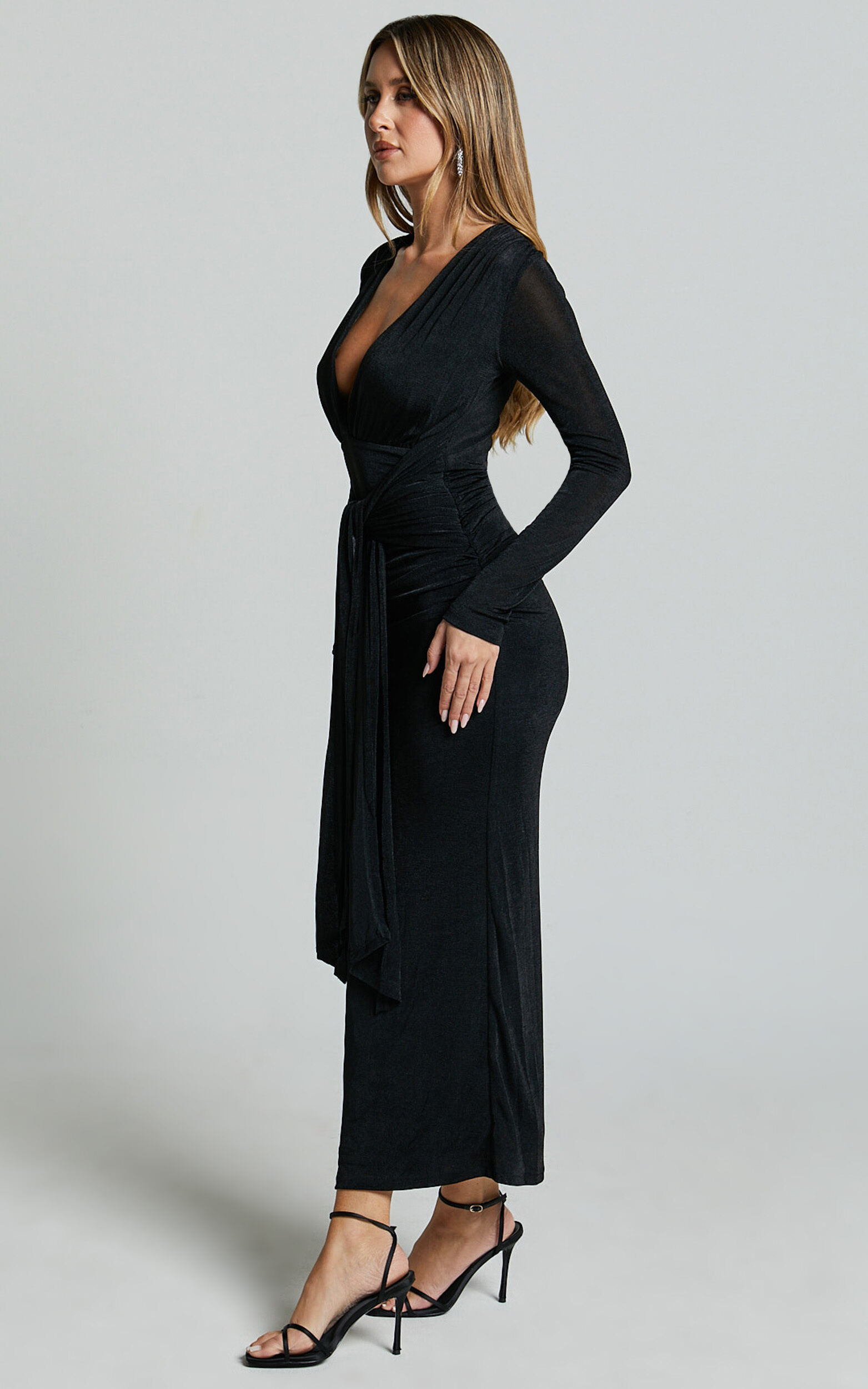 Melanie Midi Dress - Plunge Long Sleeve Tie Front Dress in Black