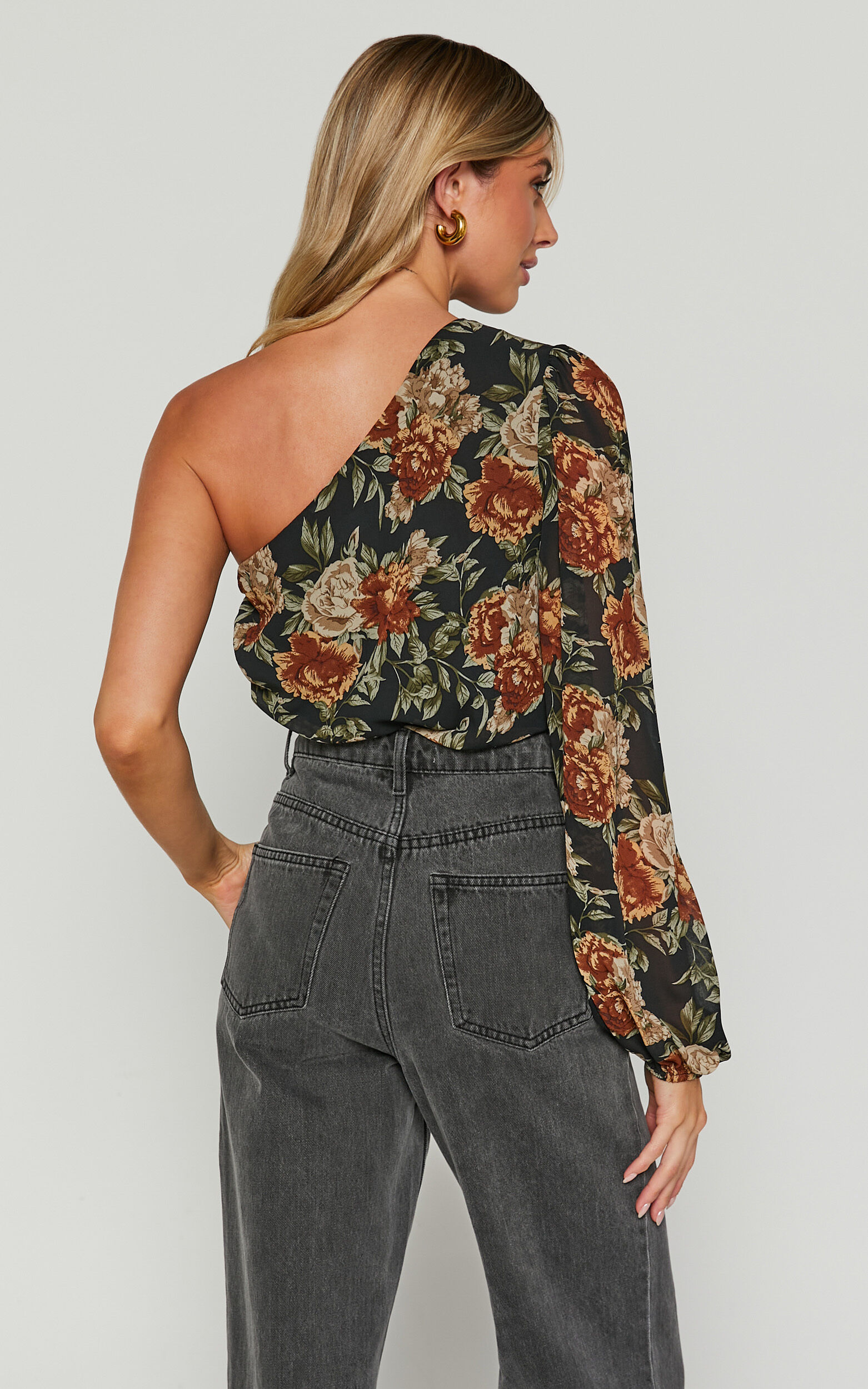 Jaziel Bodysuit - One Shoulder Ruched Bodysuit in Black Floral