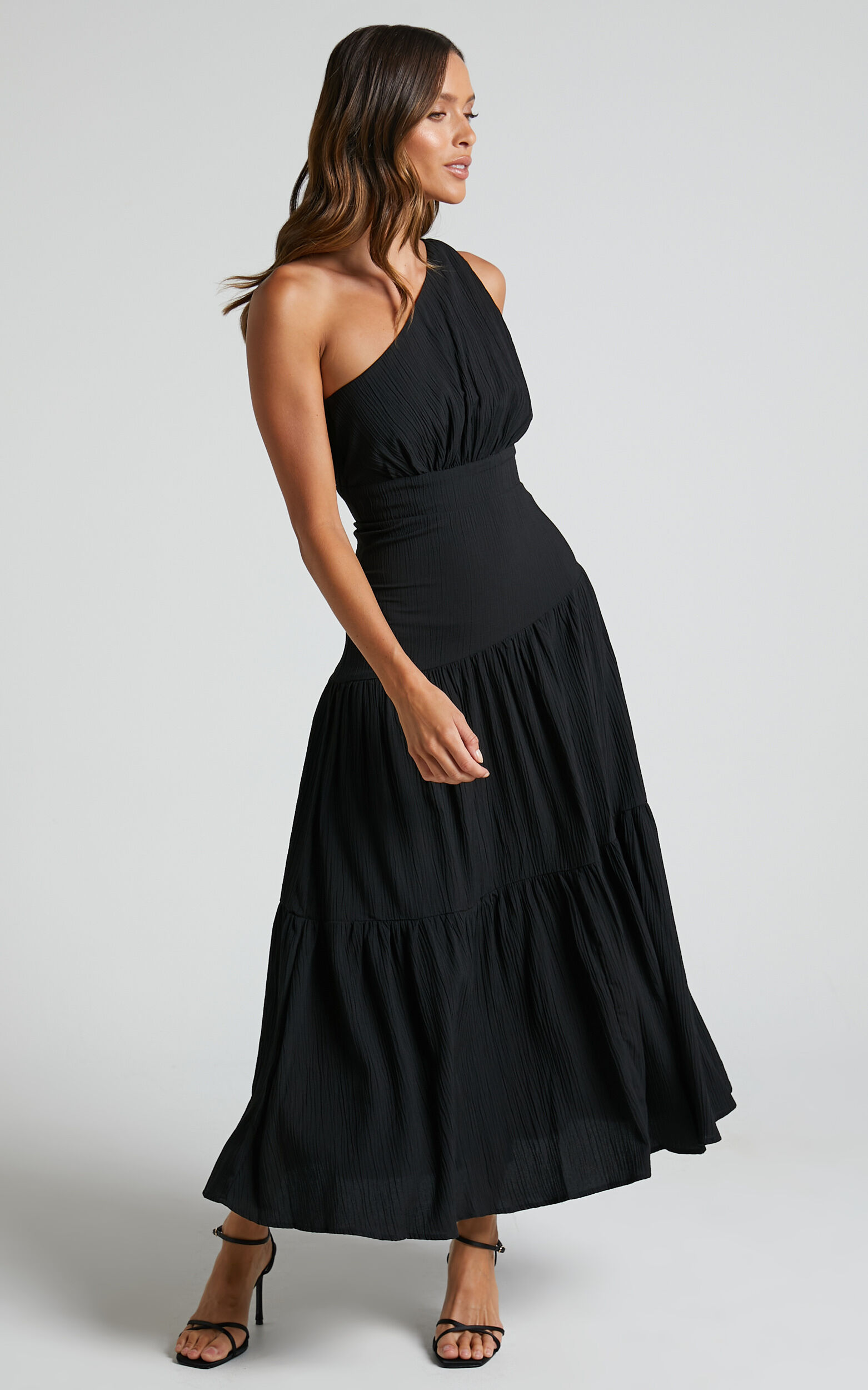 Celestia Midi Dress - Tiered One Shoulder Dress in Black