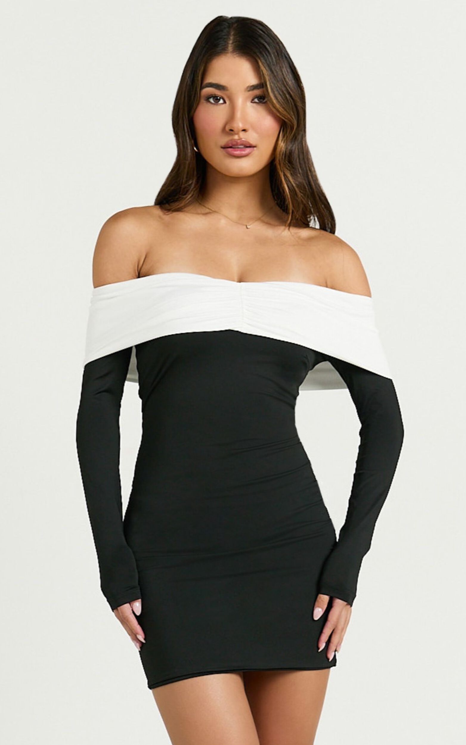 Amalita Mini Dress - Off Shoulder Contrast Long Sleeve Dress in Black & White