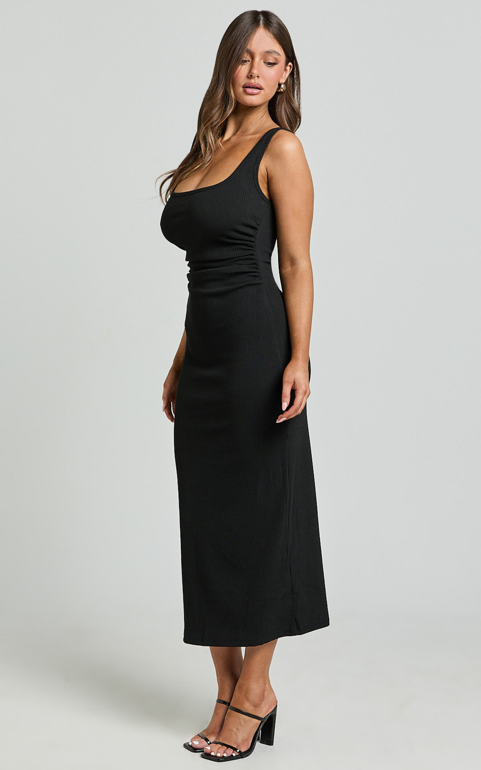 Sarina Midi Dress - Ribbed Scoop Neck Dress in Black