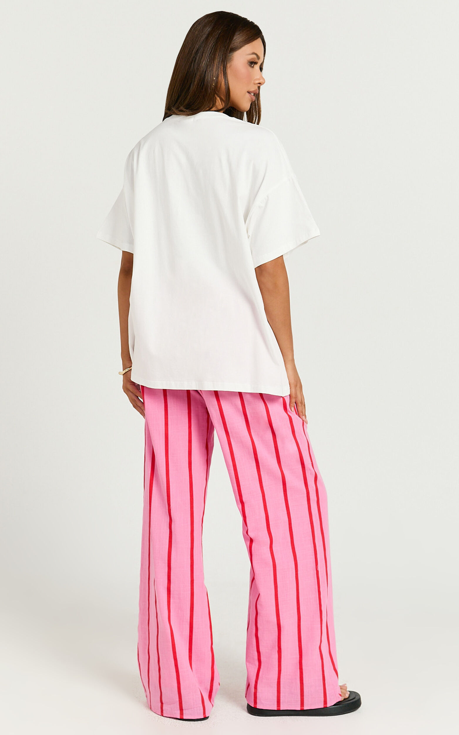 Gladiola Two Piece Set - Amalfi Limone Oversized Tee and Stripe Pant Set in Pink/Red