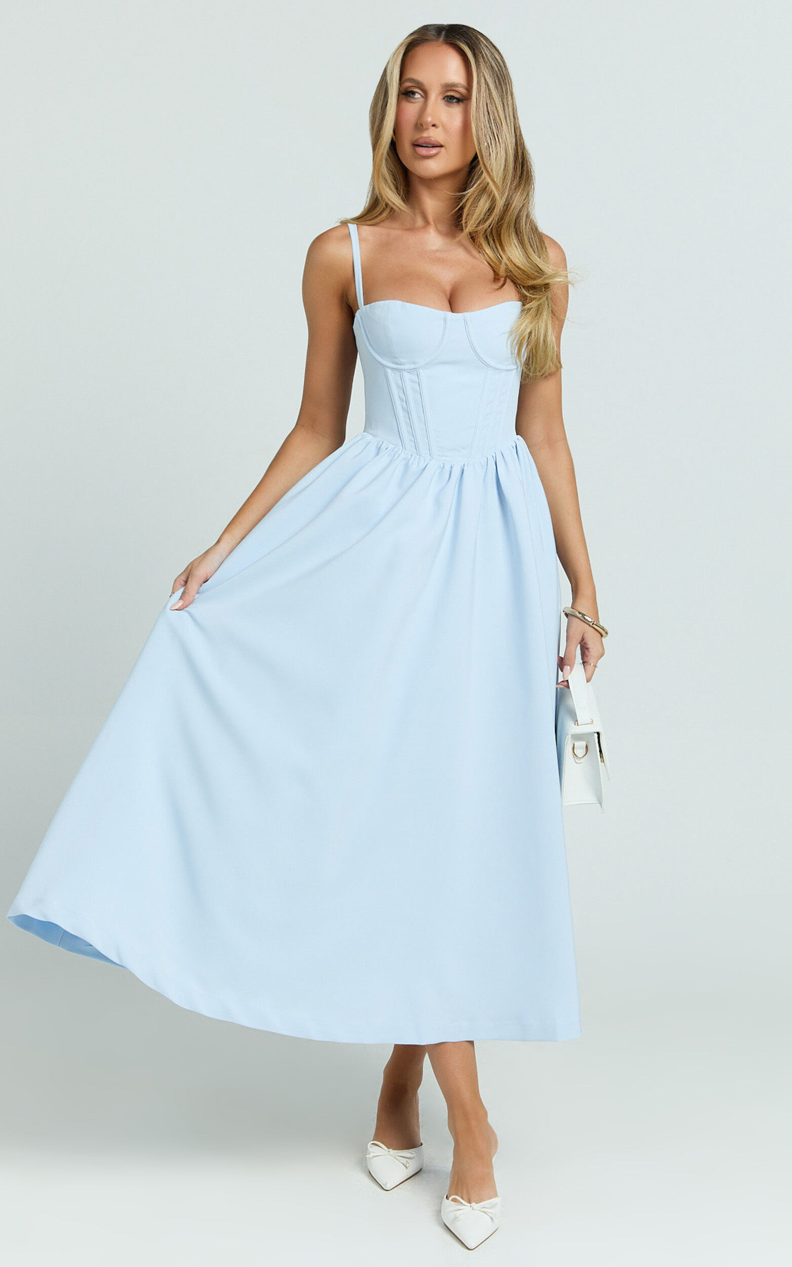 Nadine Midi Dress - Bustier Corset Waist Gathered Full Skirt Dress in Baby Blue