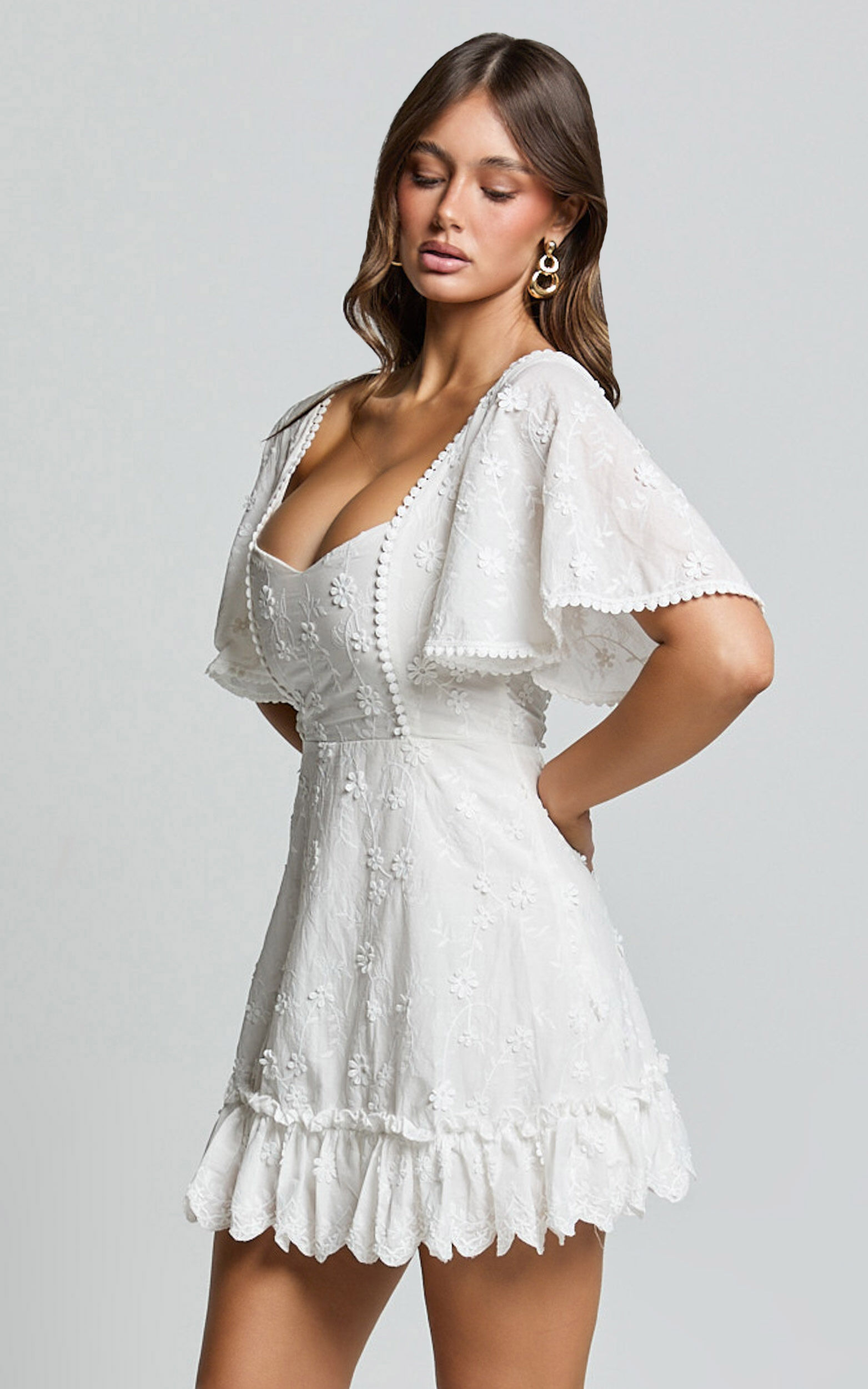 Fancy A Spritz Mini Dress - Square Neck Dress in White Embroidery
