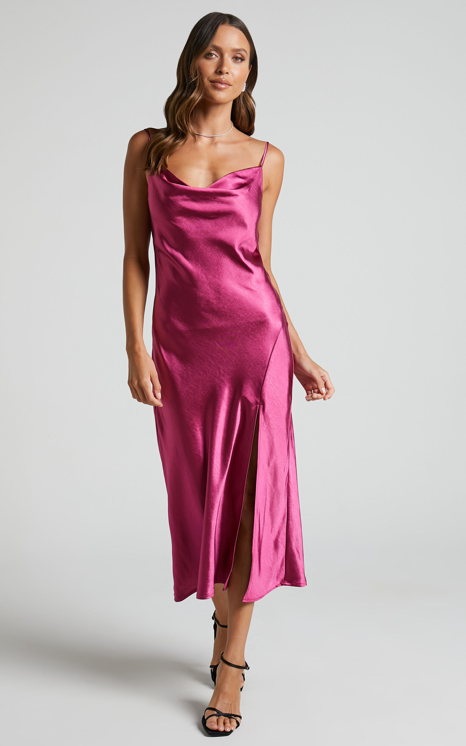 Sherrie Midi Dress - Cowl Neck Open Back Satin Dress in Berry