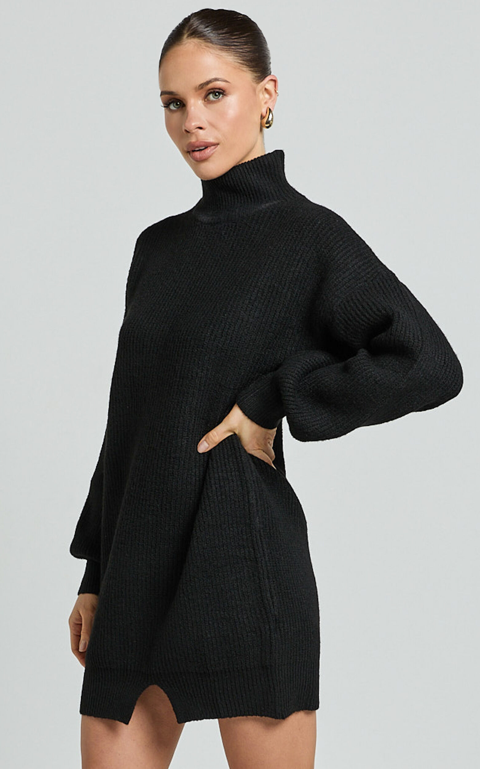 Tianna Mini Dress - Knitted Side Split Jumper Dress in Black